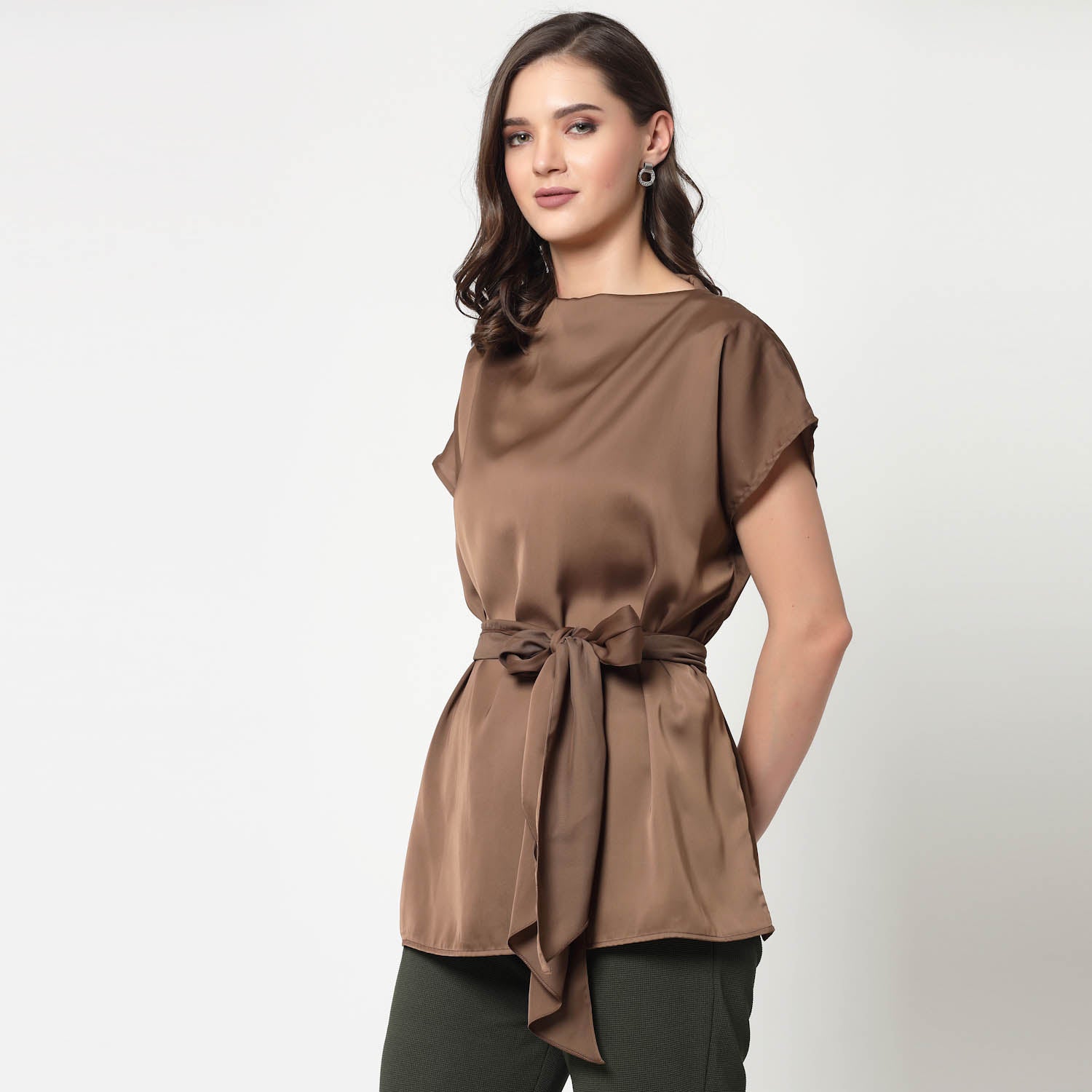 Brown Satin Long Top With Belt, formal tops for women