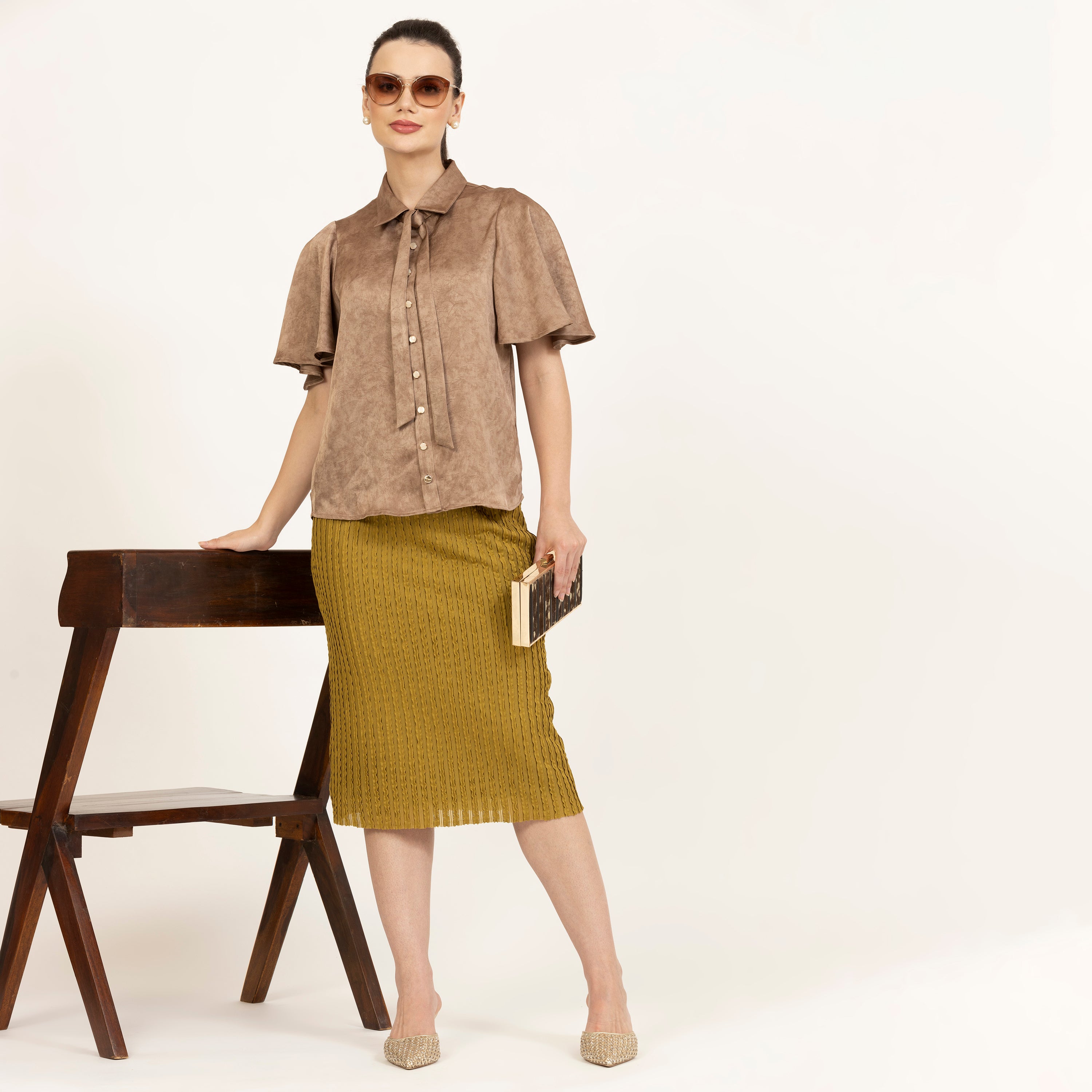 Brown Satin Tops for Women with Bell Sleeves