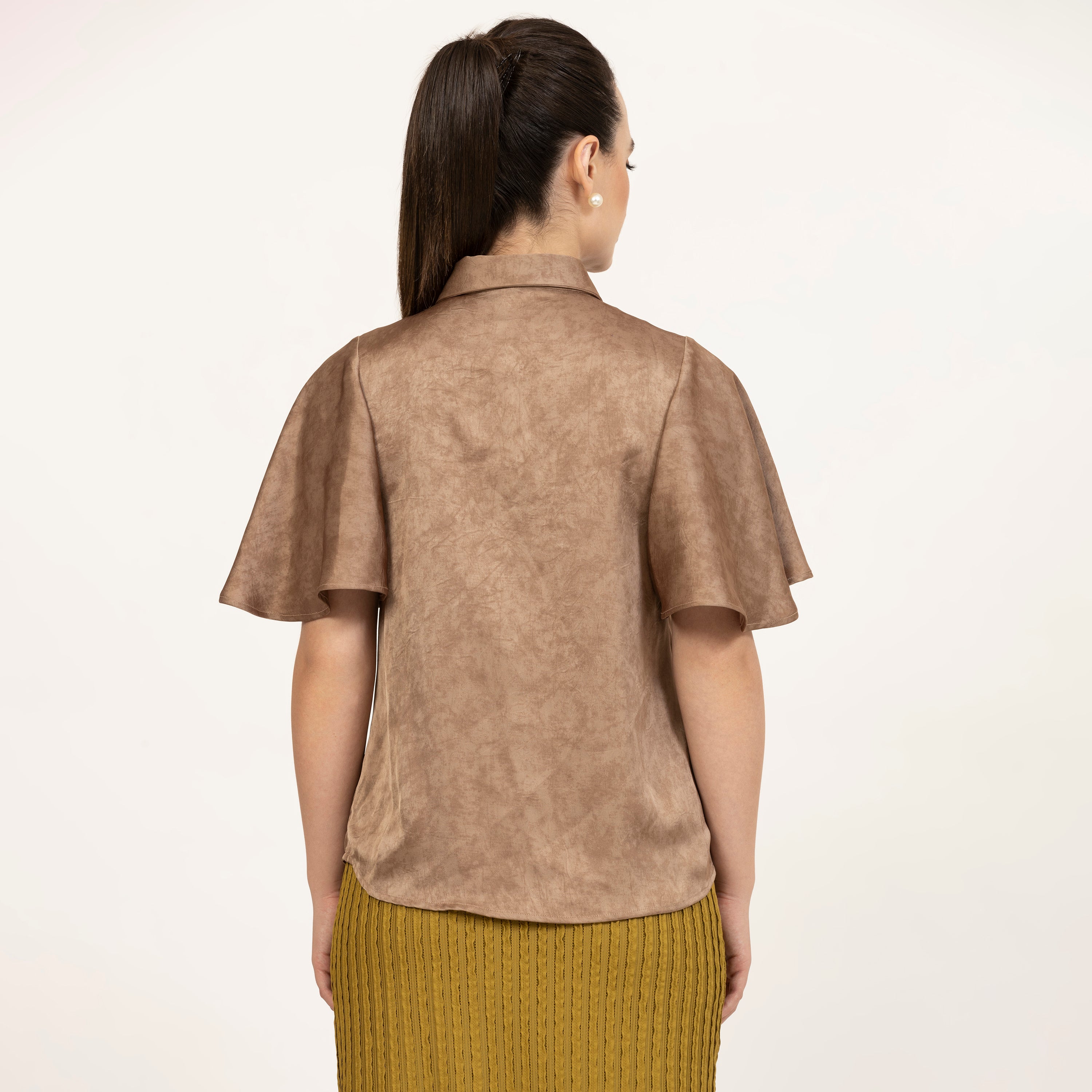 Brown Satin tops with Bell Sleeves, tops for women, office dresses for women, stylish tops for women, modern tops for office, trendy tops for casual office looks, formal office wear for women