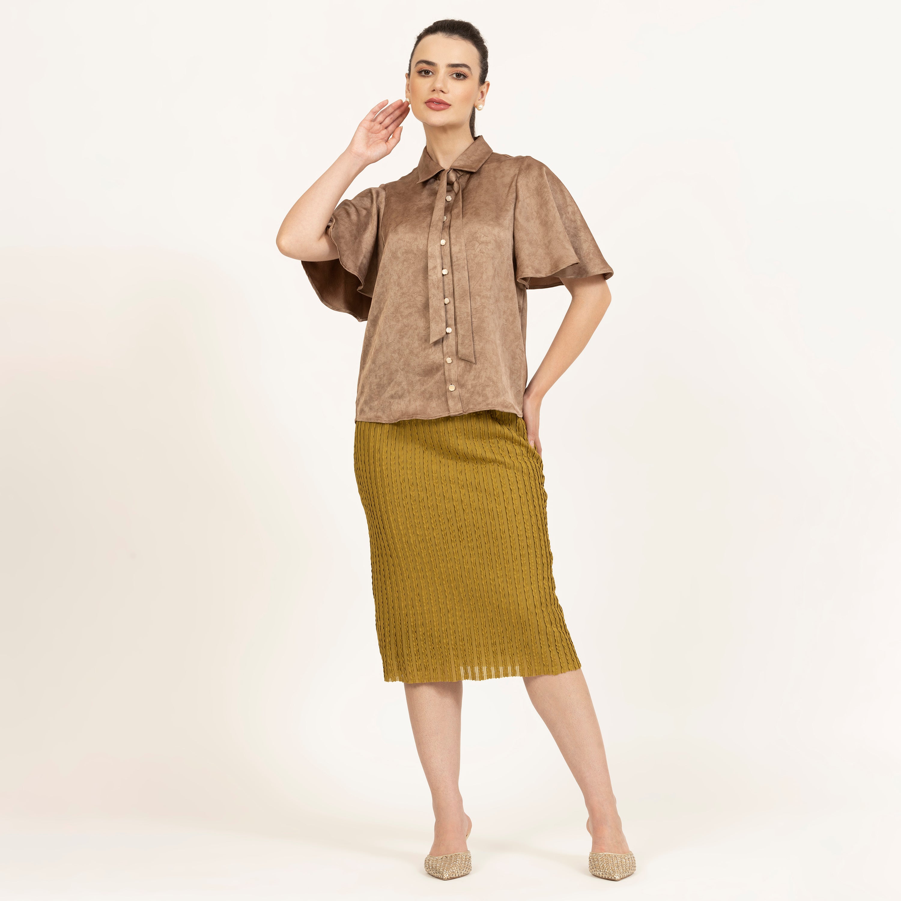 Brown Satin tops with Bell Sleeves, tops for women, office dresses for women, stylish tops for women, modern tops for office, trendy tops for casual office looks, formal office wear for women