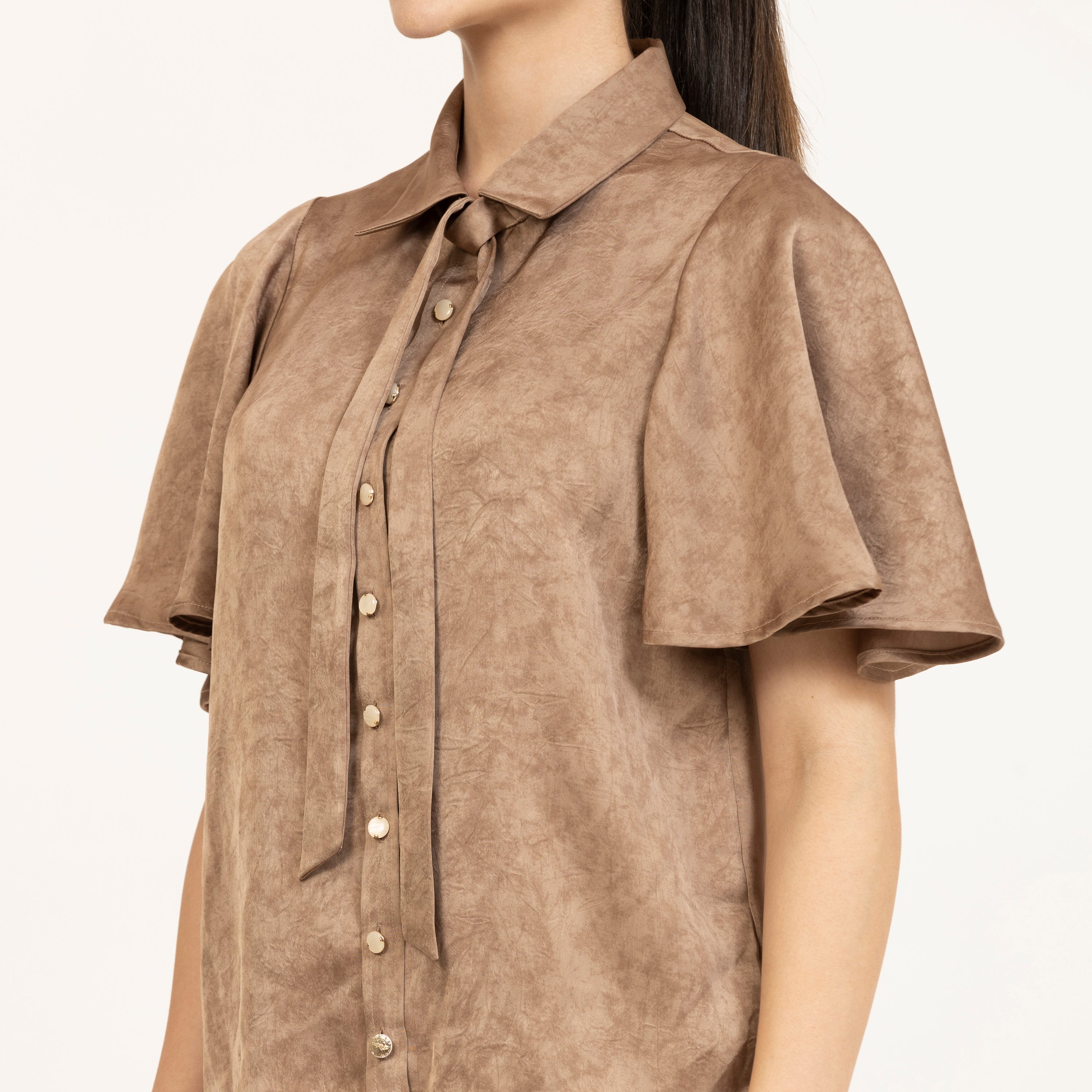 Brown Satin tops with Bell Sleeves, tops for women, office dresses for women, stylish tops for women, modern tops for office, trendy tops for casual office looks, formal office wear for women