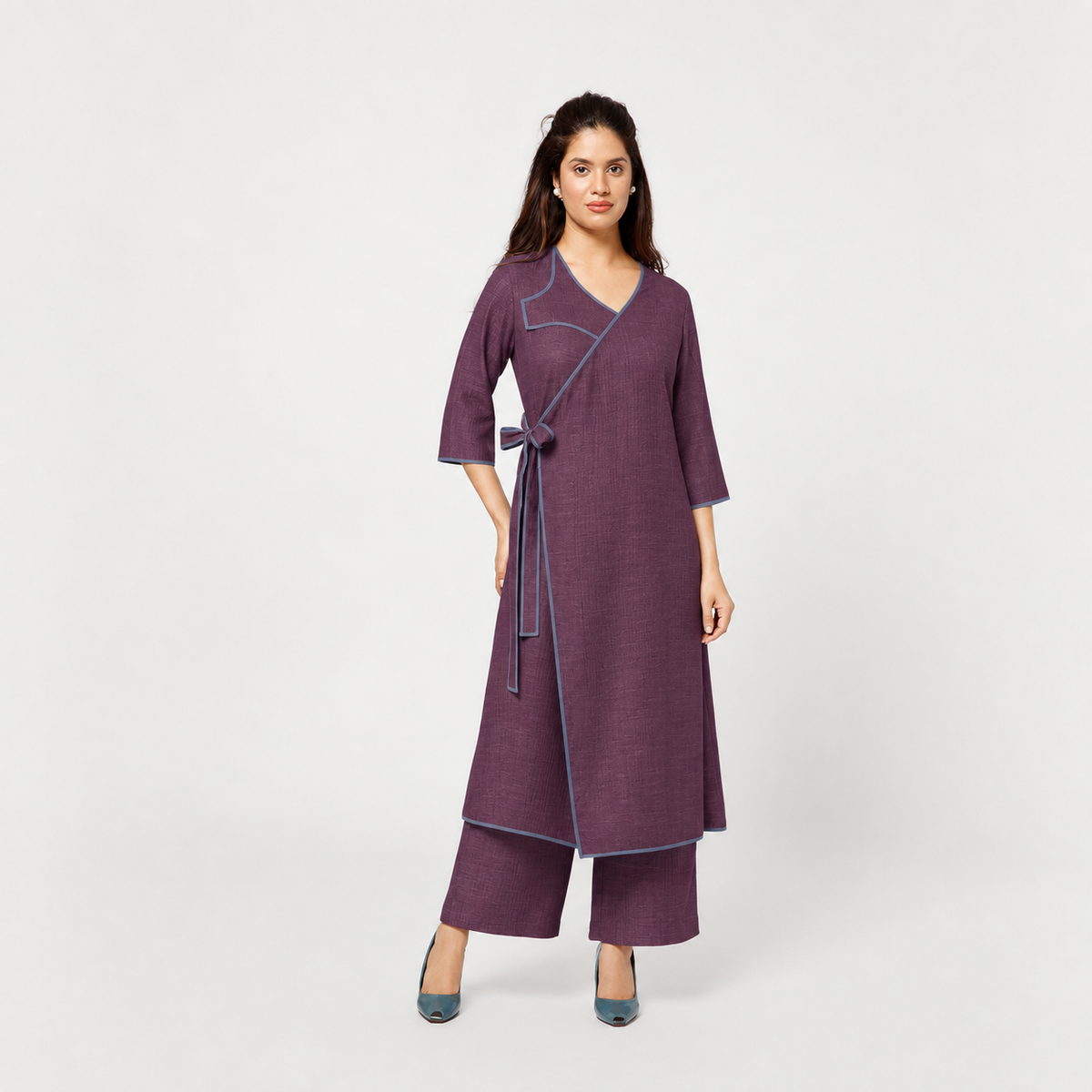 Purple Textured A-Line Kurta With Blue Piping