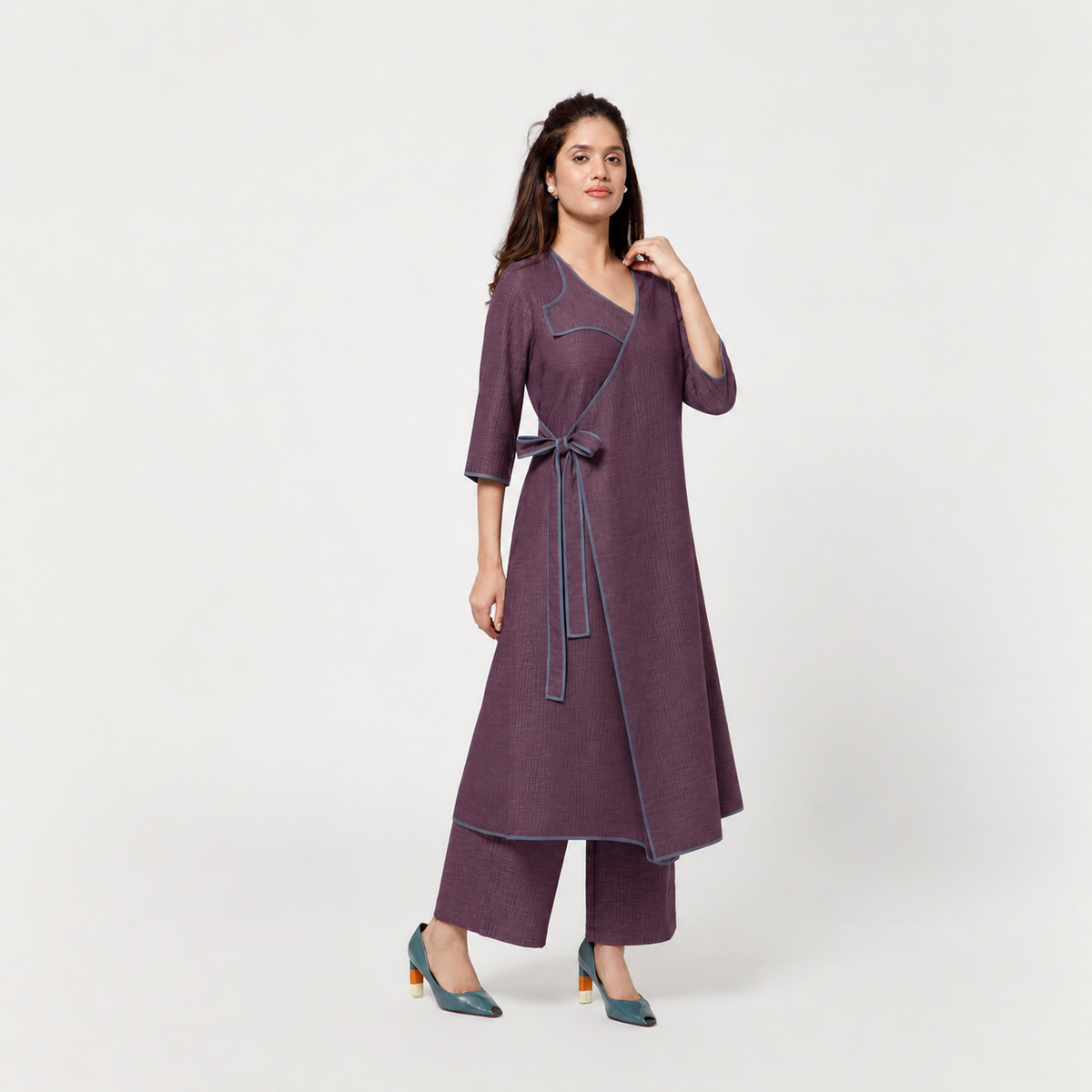 Purple Textured A-Line Kurta With Blue Piping