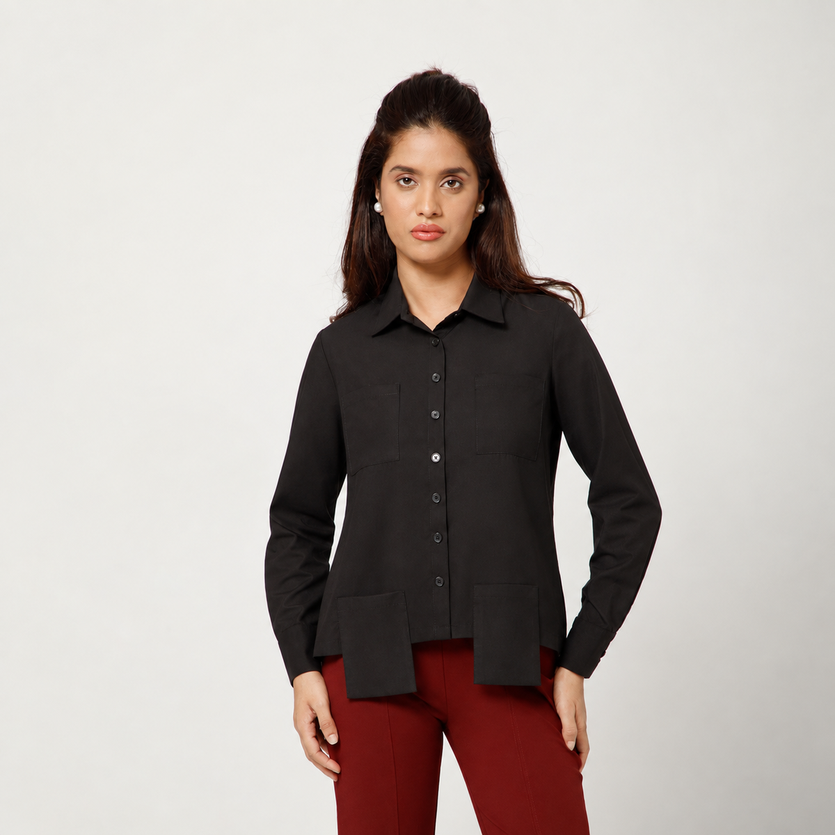 Black Cotton Boxy Shirt With Visible Pocket