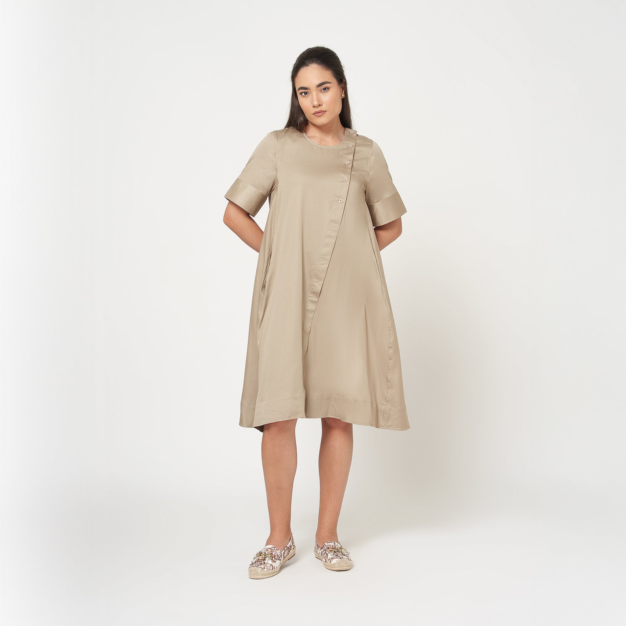 Beige Cotton A-Line Dress -1
