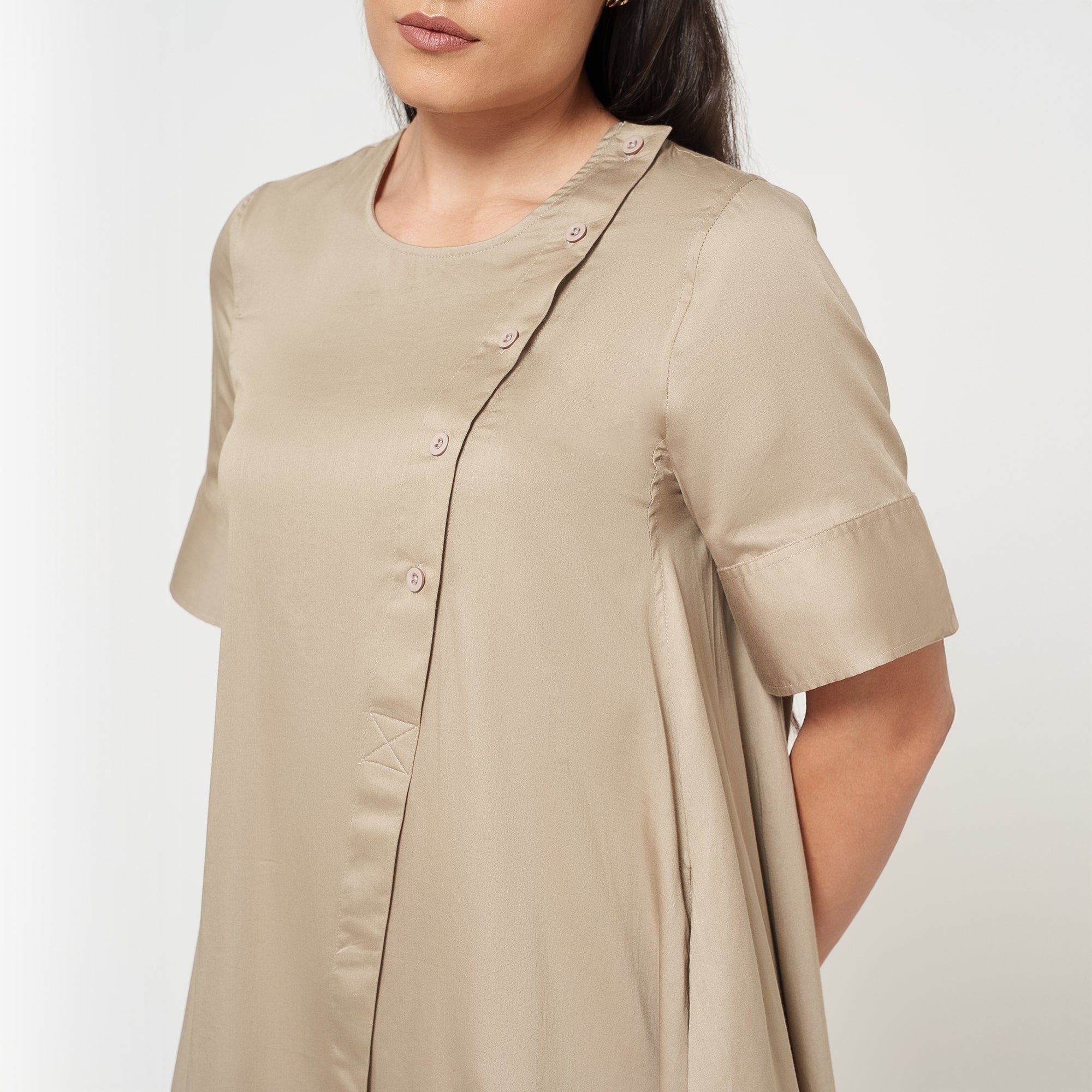Beige Cotton A-Line Dress -4