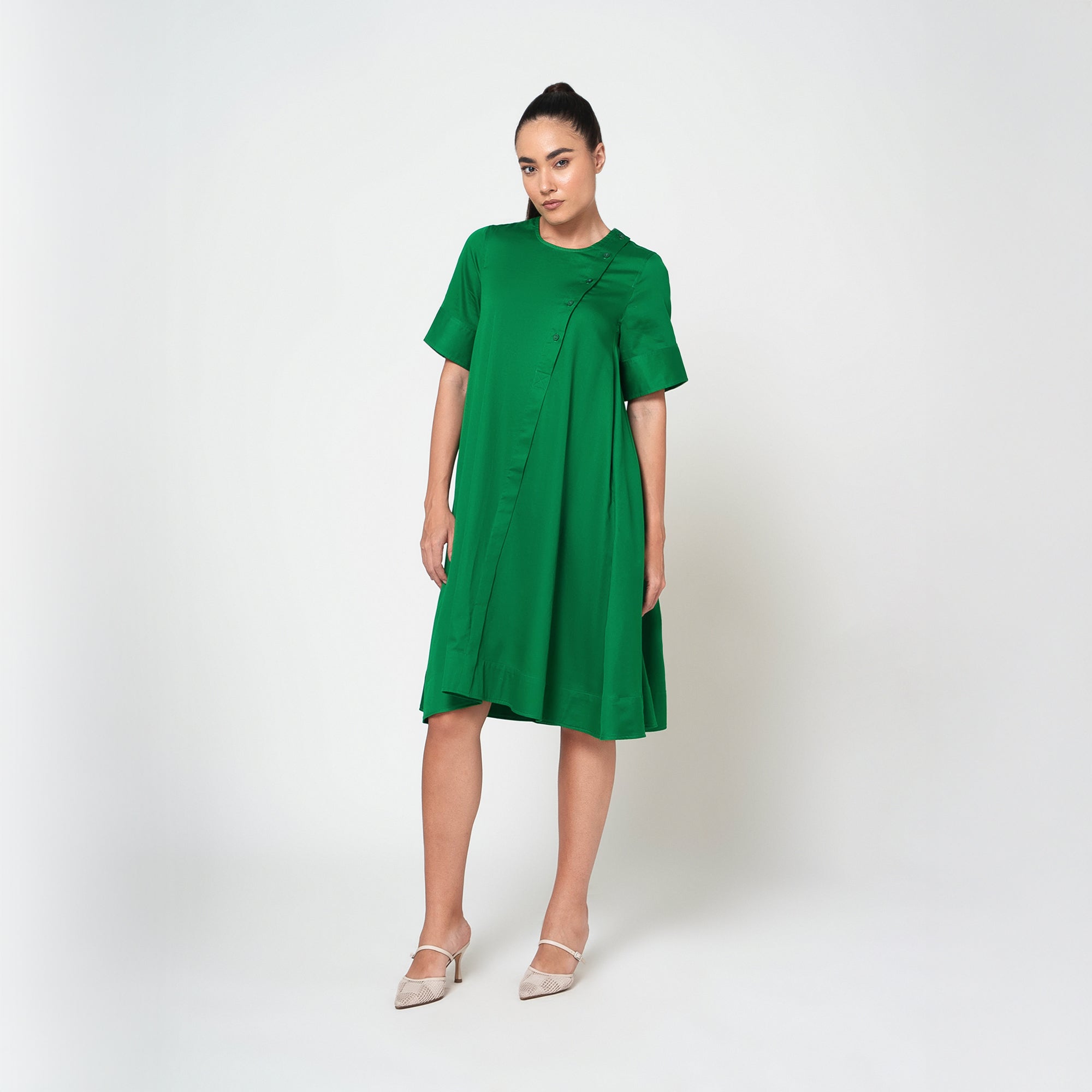 Green Cotton A-Line Dress-1