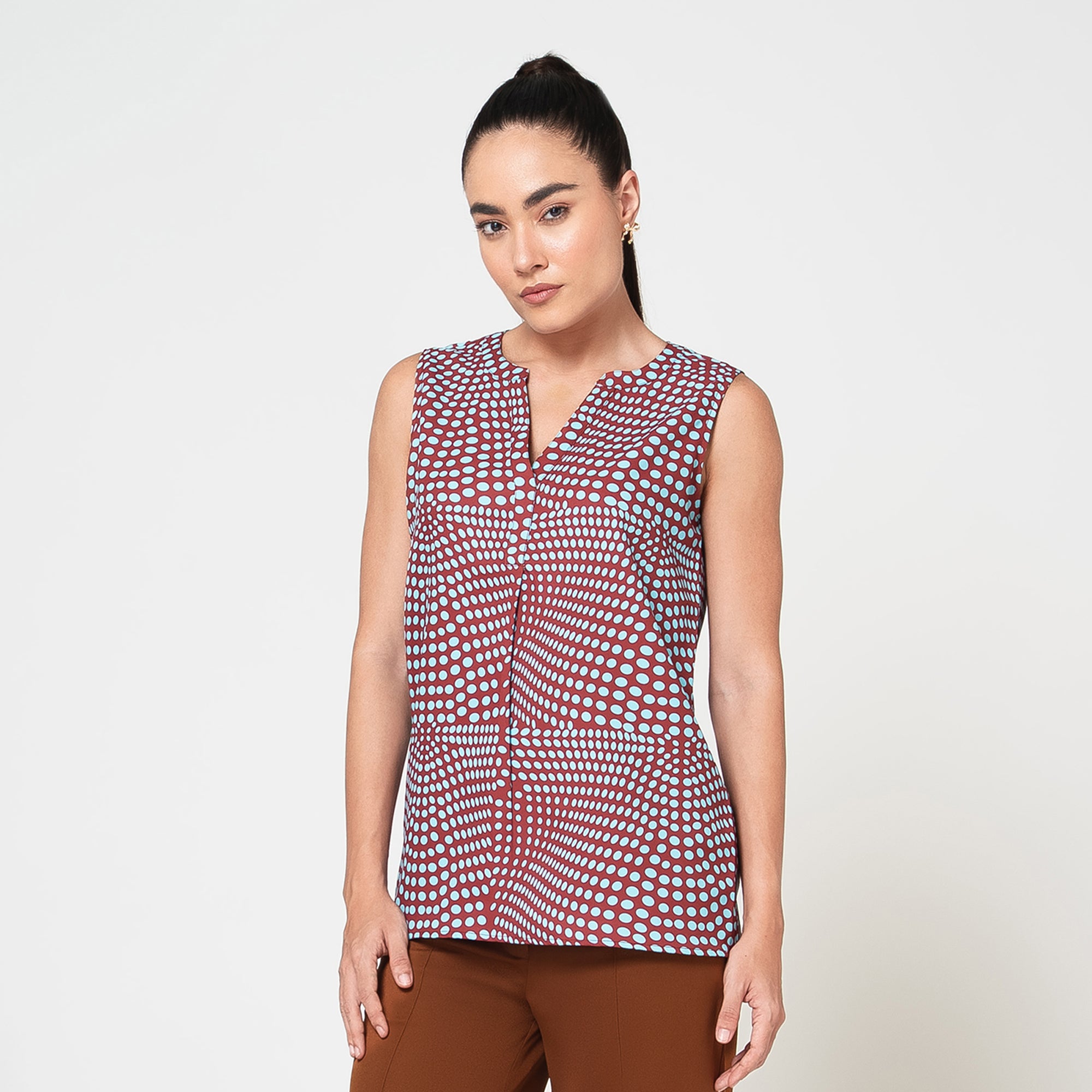 Blue and Brown Polka Print Crepe Top