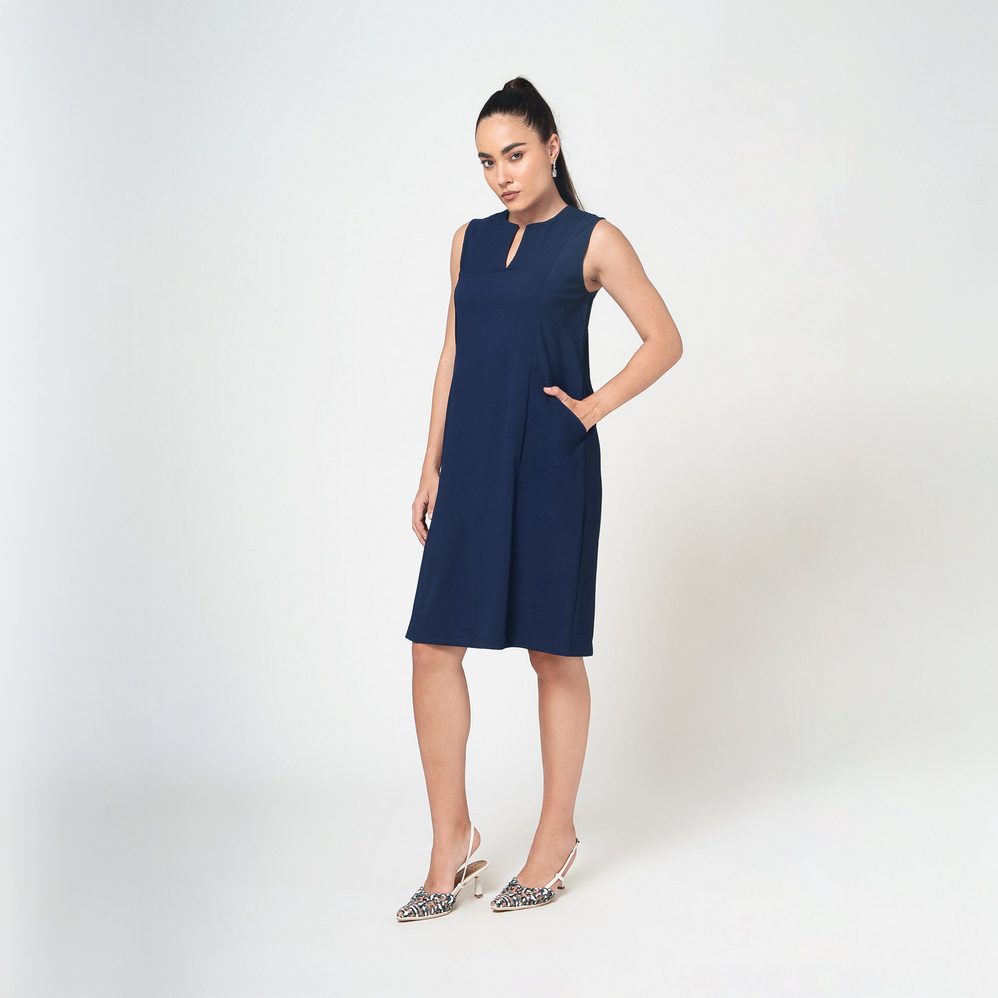 Navy Blue Textured Dress With Pockets