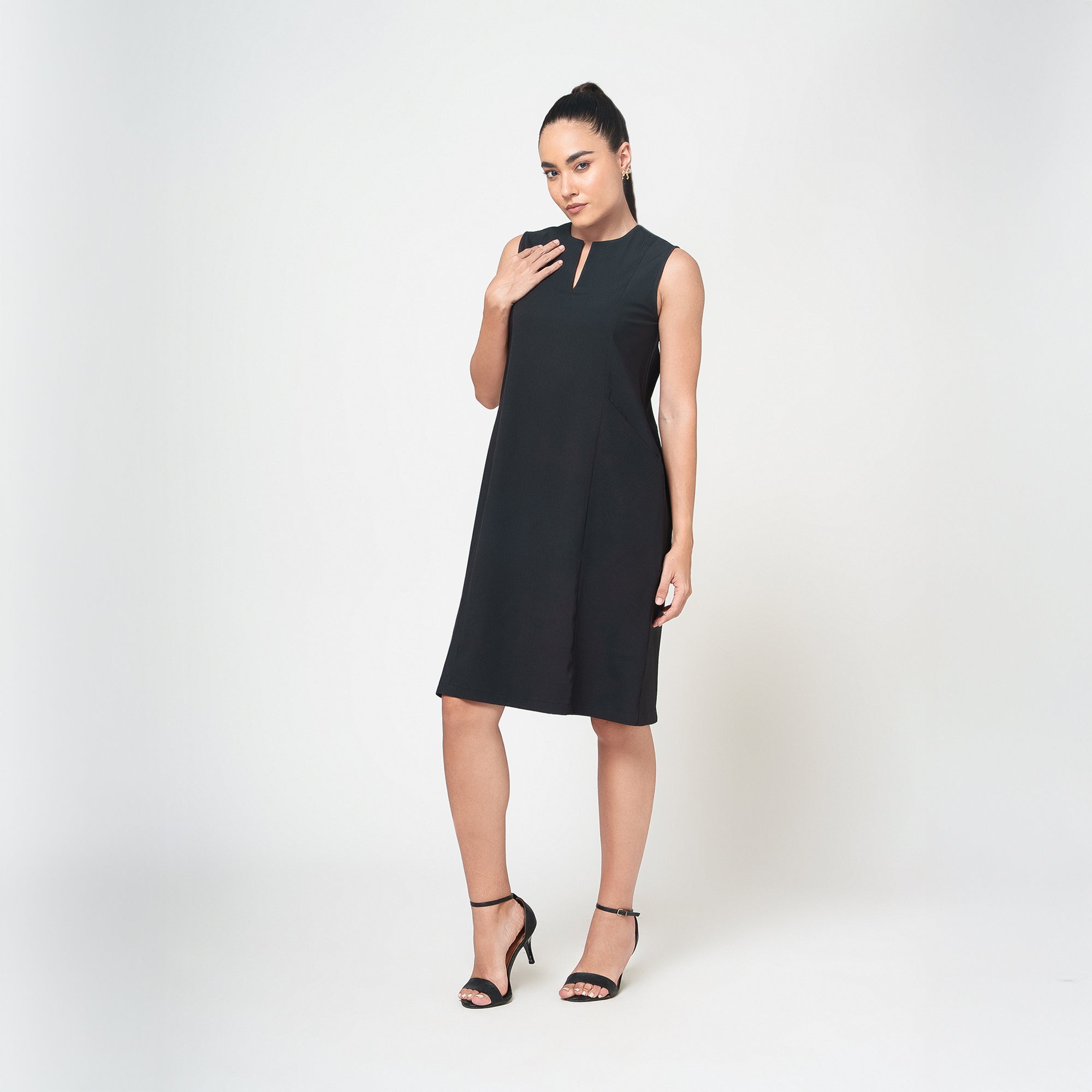 Black Textured Dress With Pockets