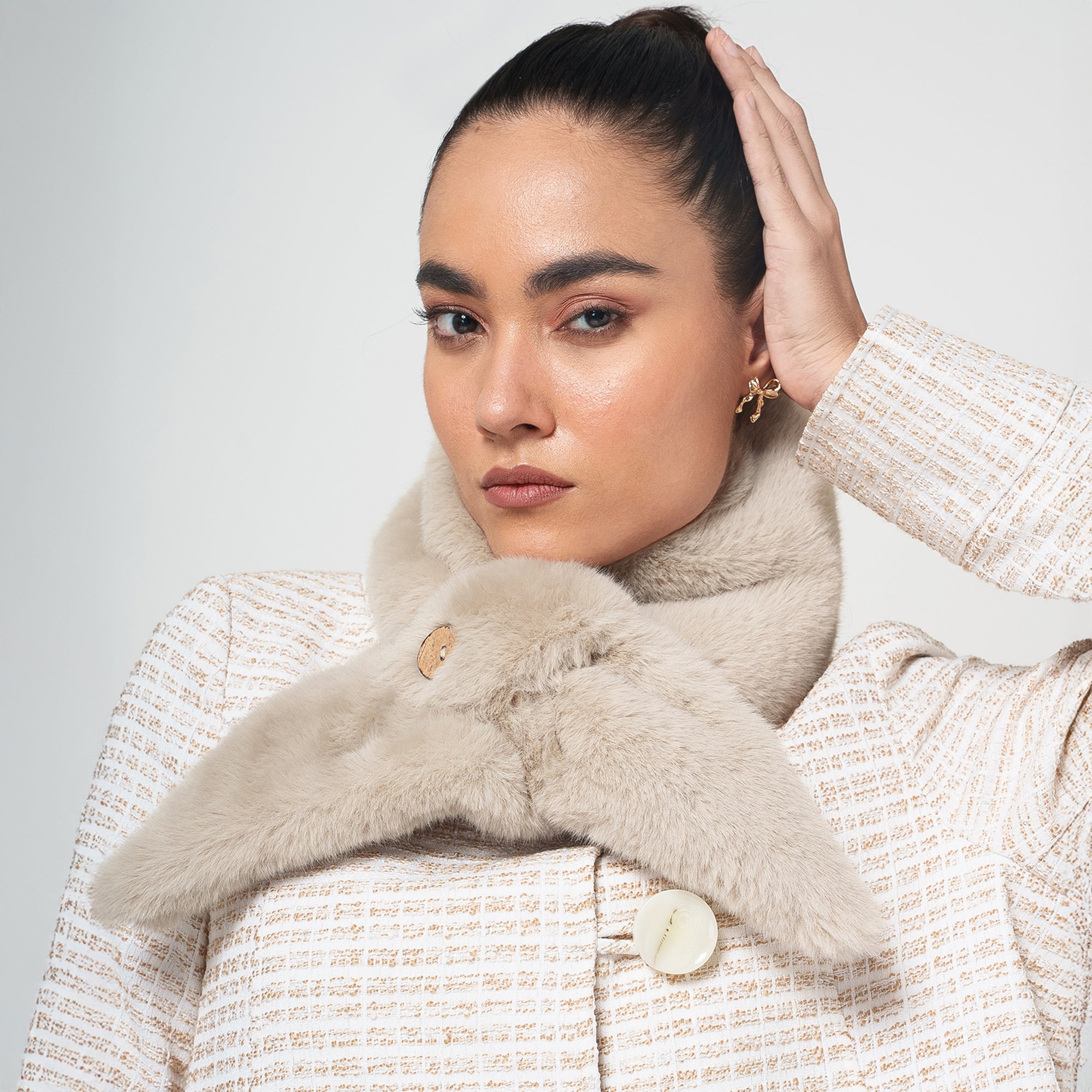 Off White Fur Collar with Buttons for Women-2