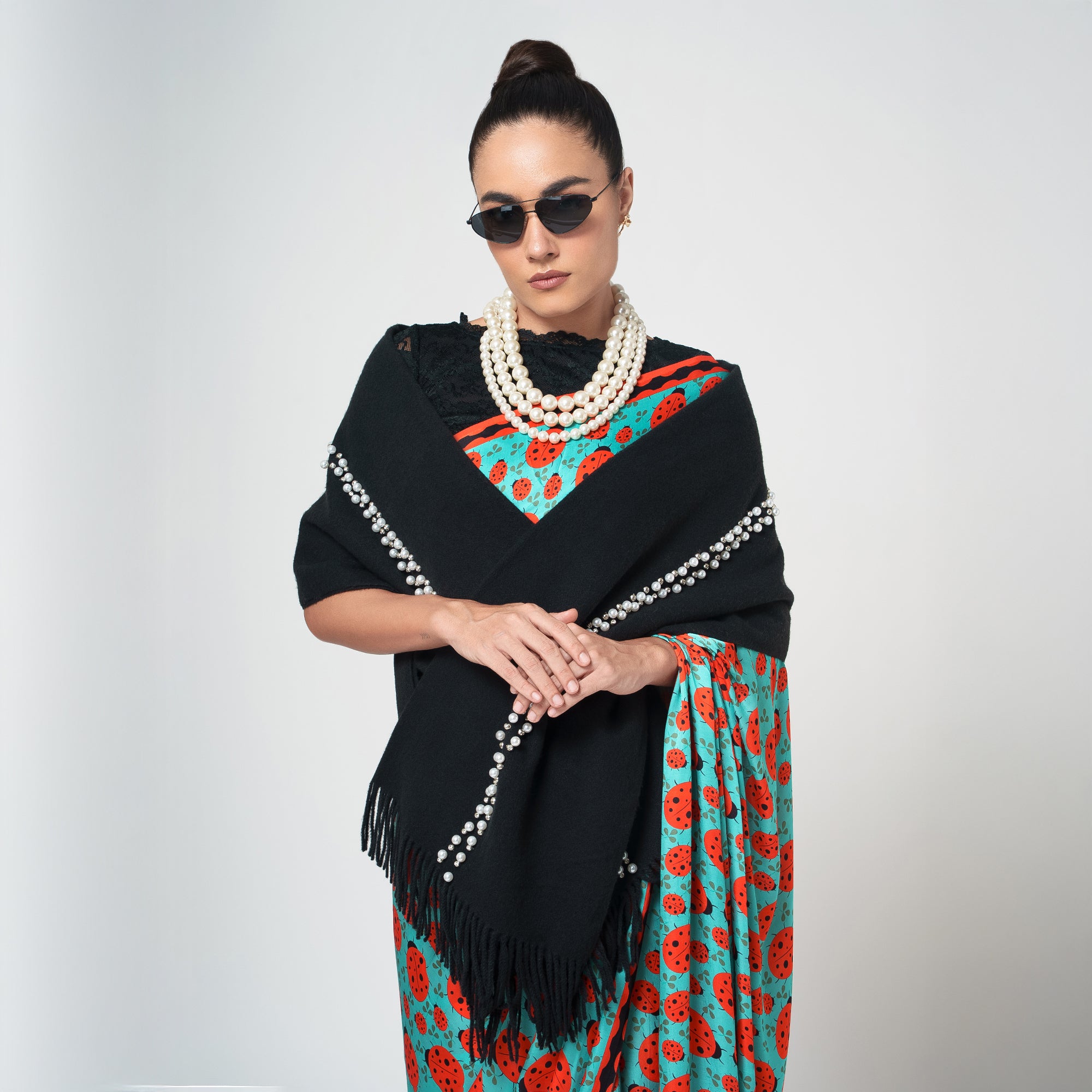 Black Stole with Crystal and Pearls