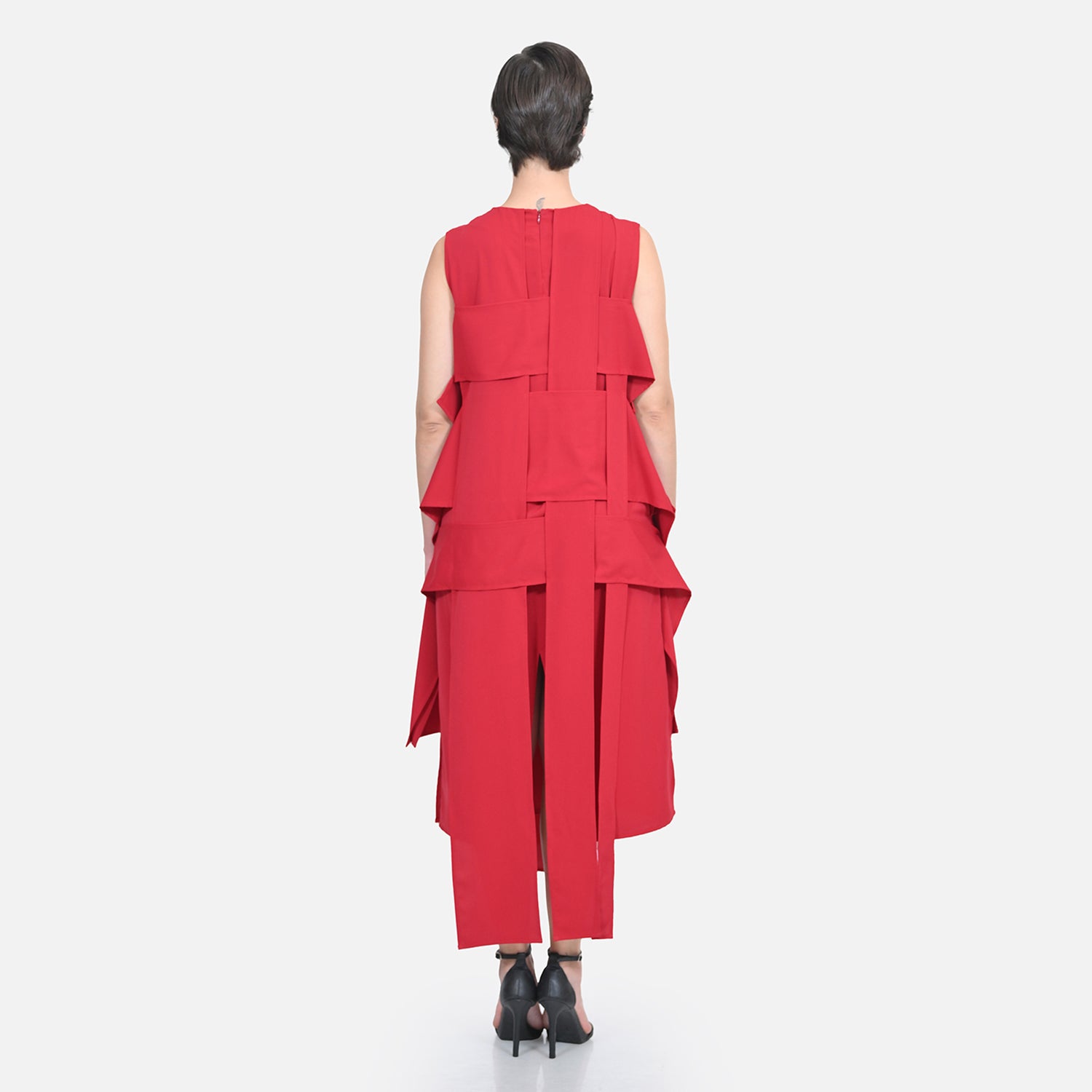 Red Crepe Flap Patch Women Dresses for Office Wear-6