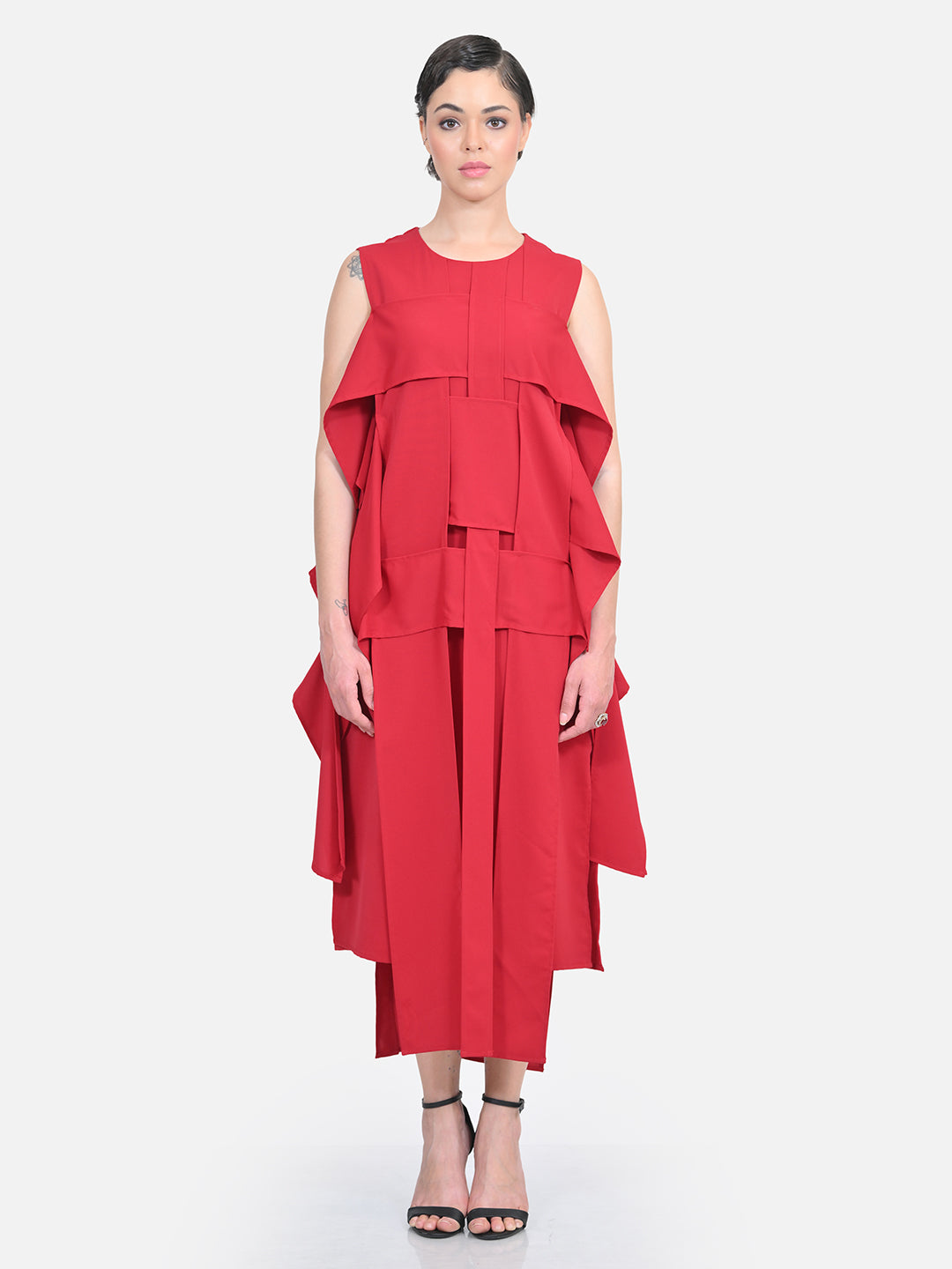 Red Crepe Flap Patch Women Dresses for Office Wear-7