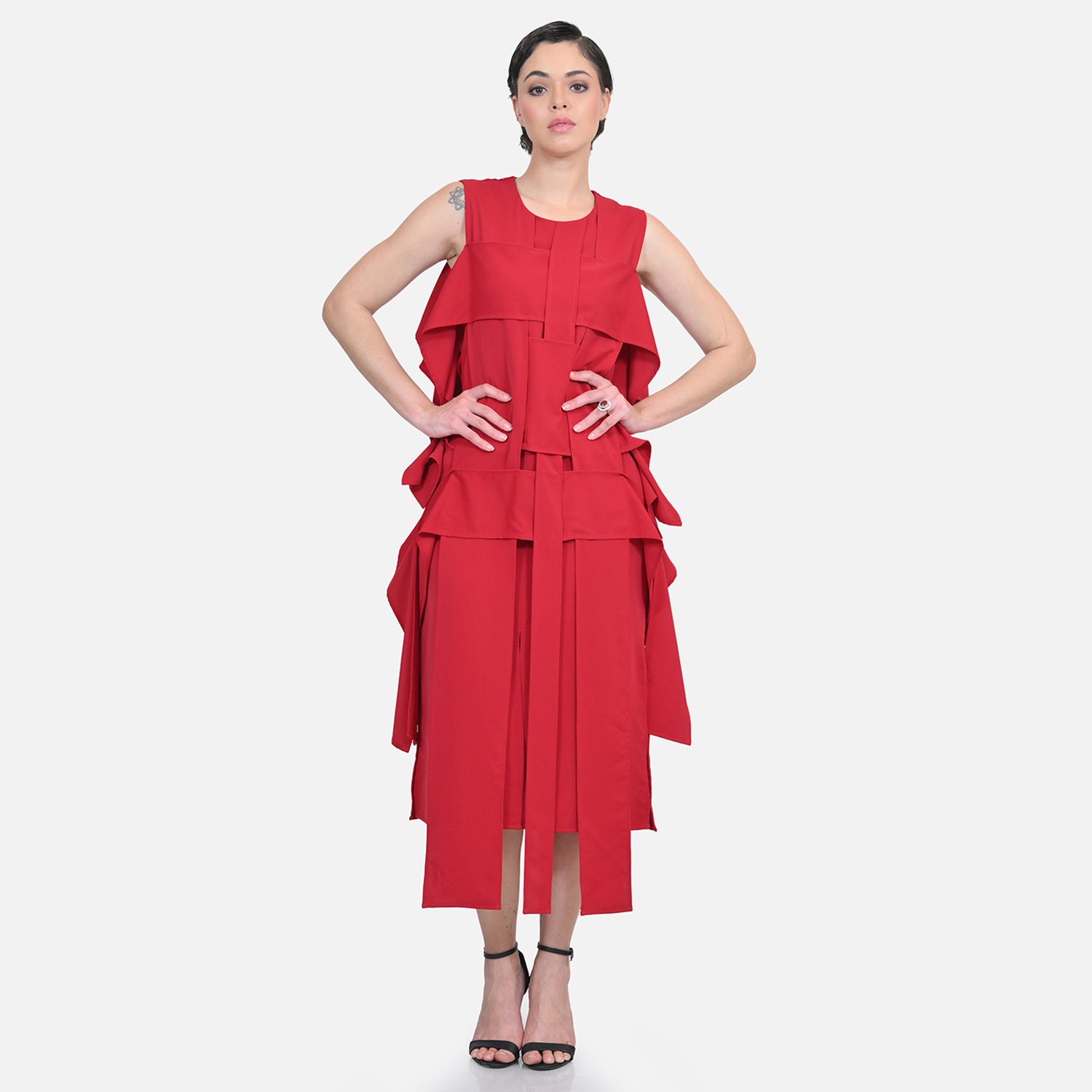Red Crepe Flap Patch Women Dresses for Office Wear-8