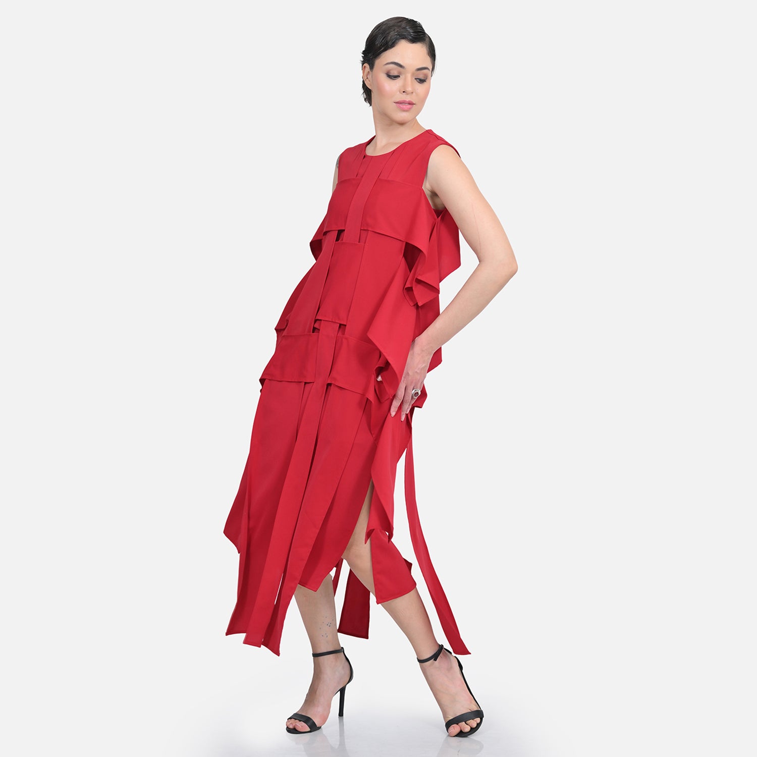 Red Crepe Flap Patch Women Dresses for Office Wear-2