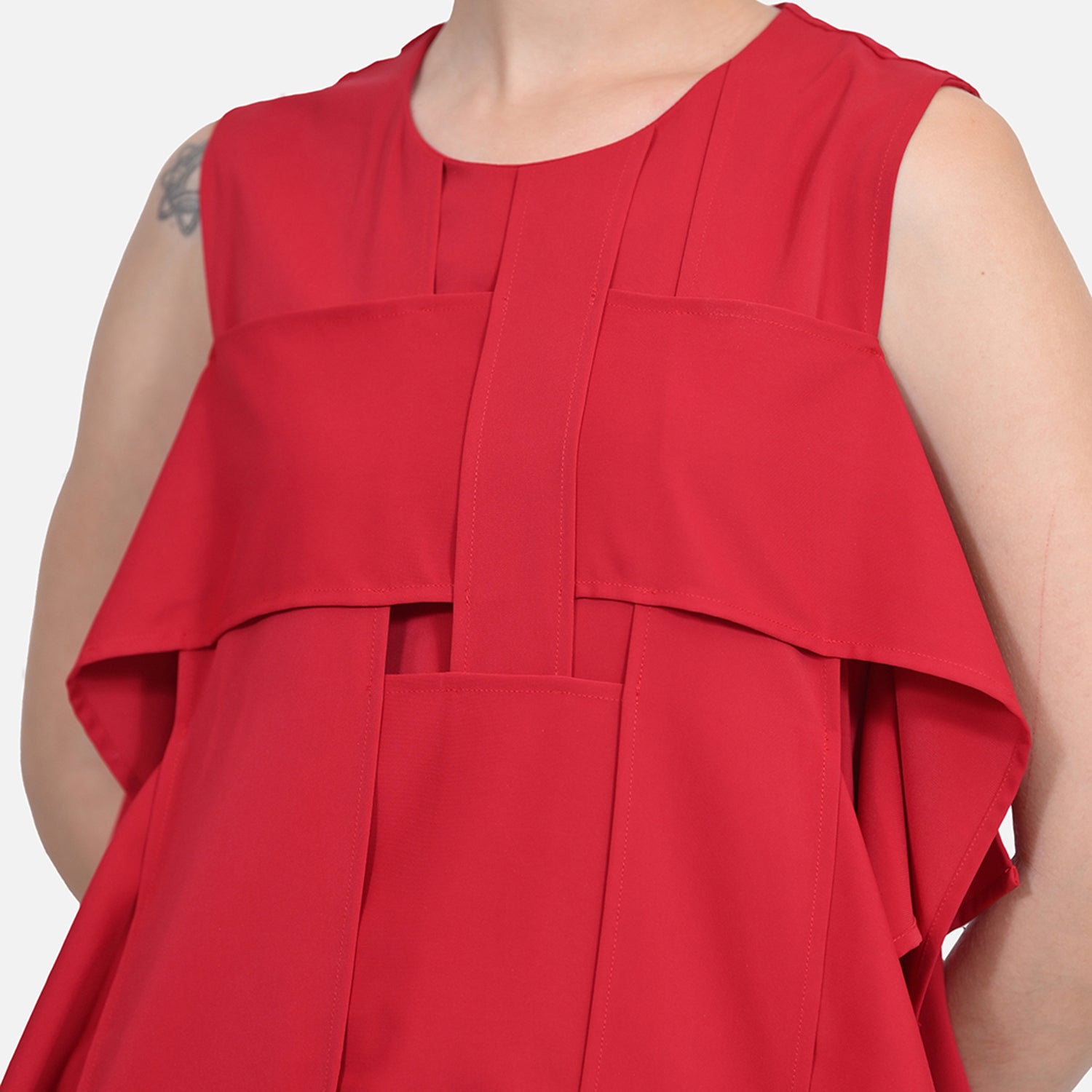 Red Crepe Flap Patch Women Dresses for Office Wear-3