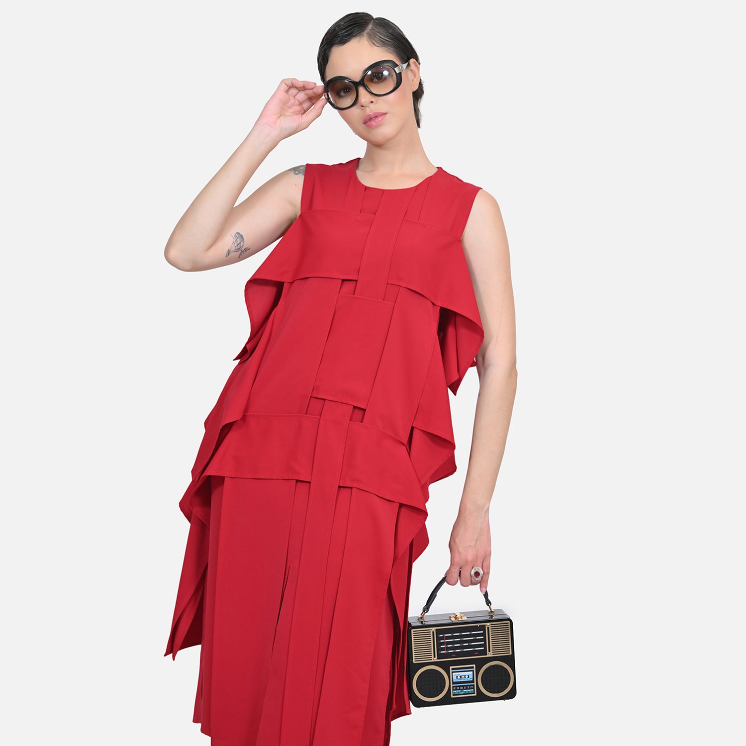 Red Crepe Flap Patch Women Dresses for Office Wear-5