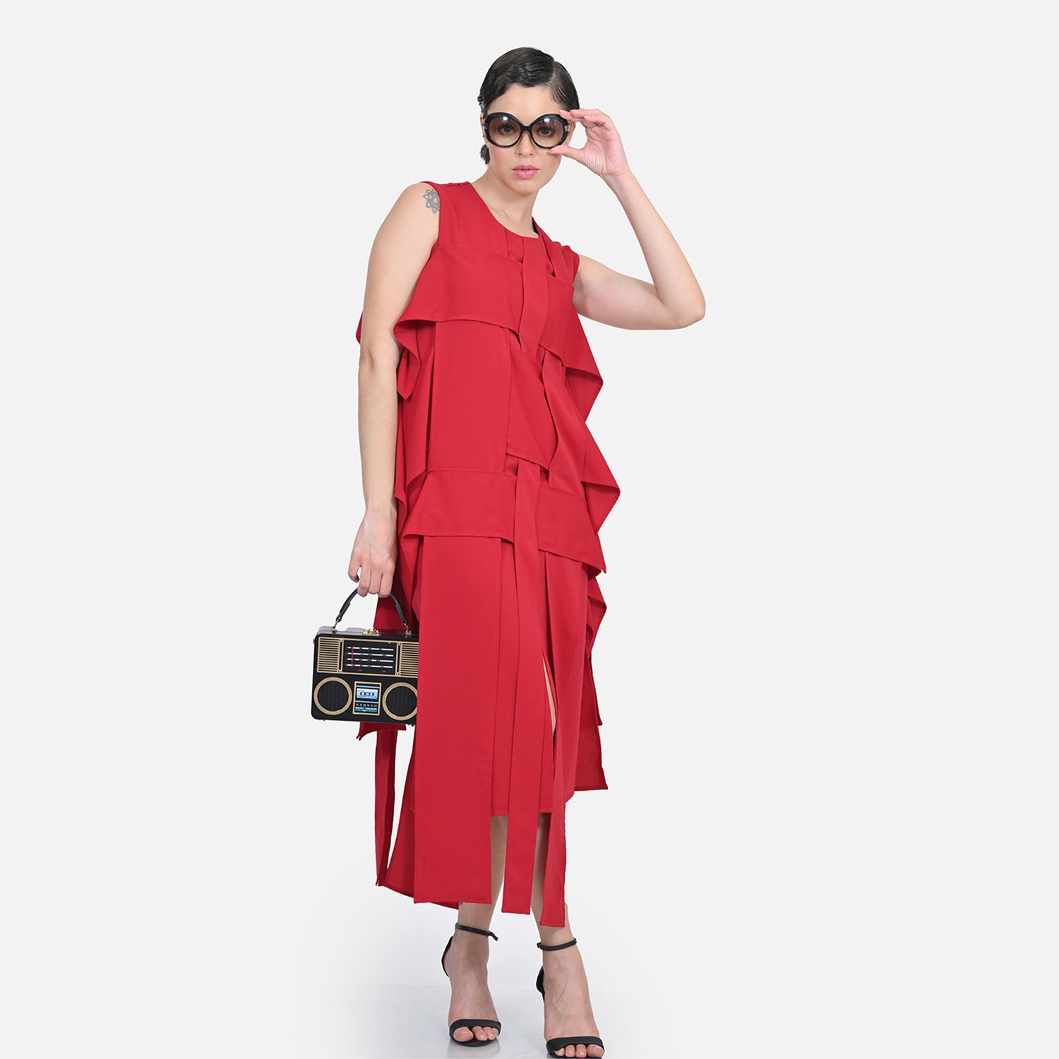 Red Crepe Flap Patch Women Dresses for Office Wear