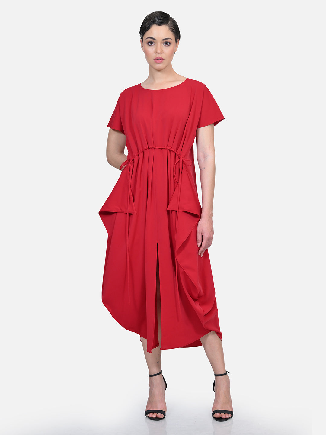 Red Crepe Front Draw String Dreses for Women-6