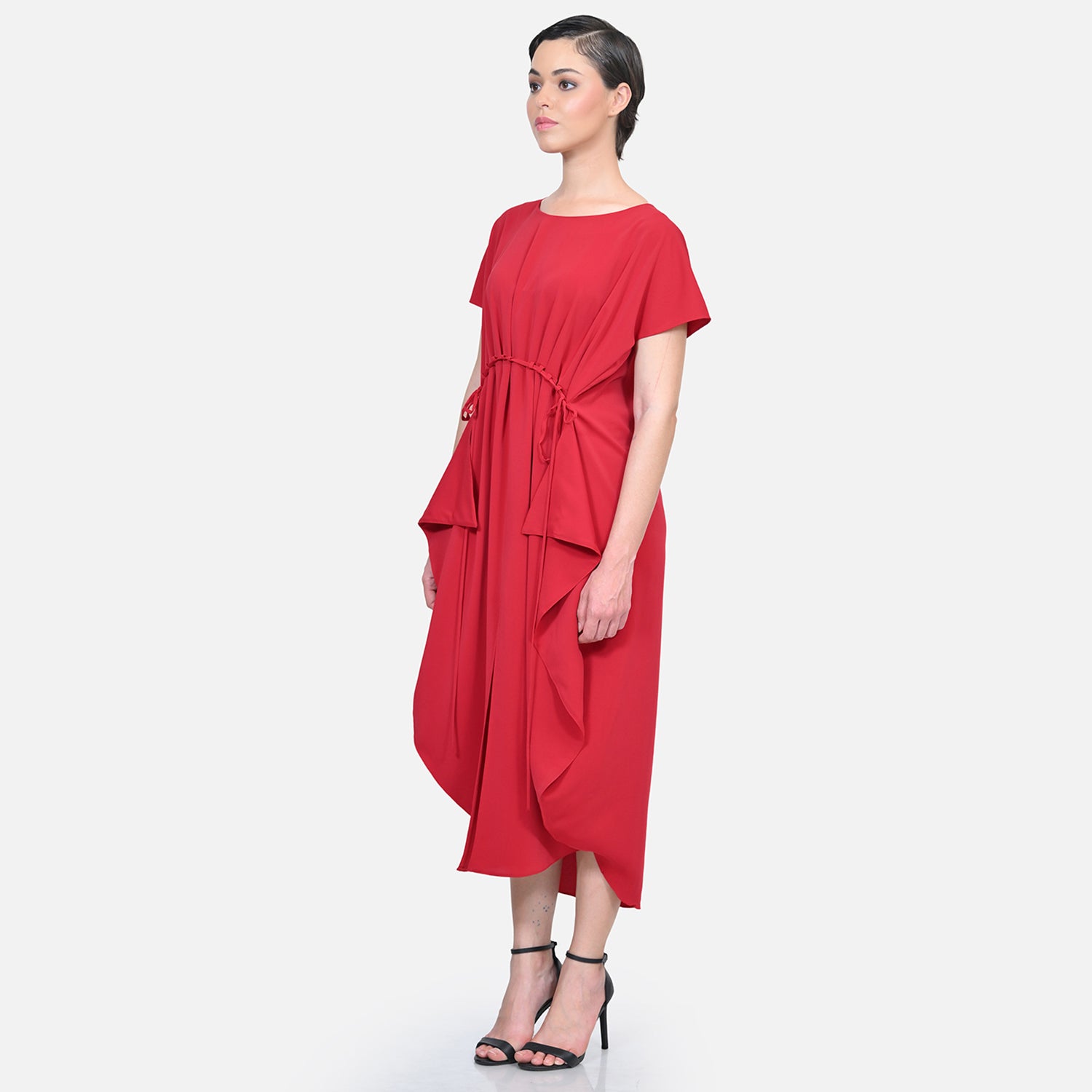 Red Crepe Front Draw String Dreses for Women-1