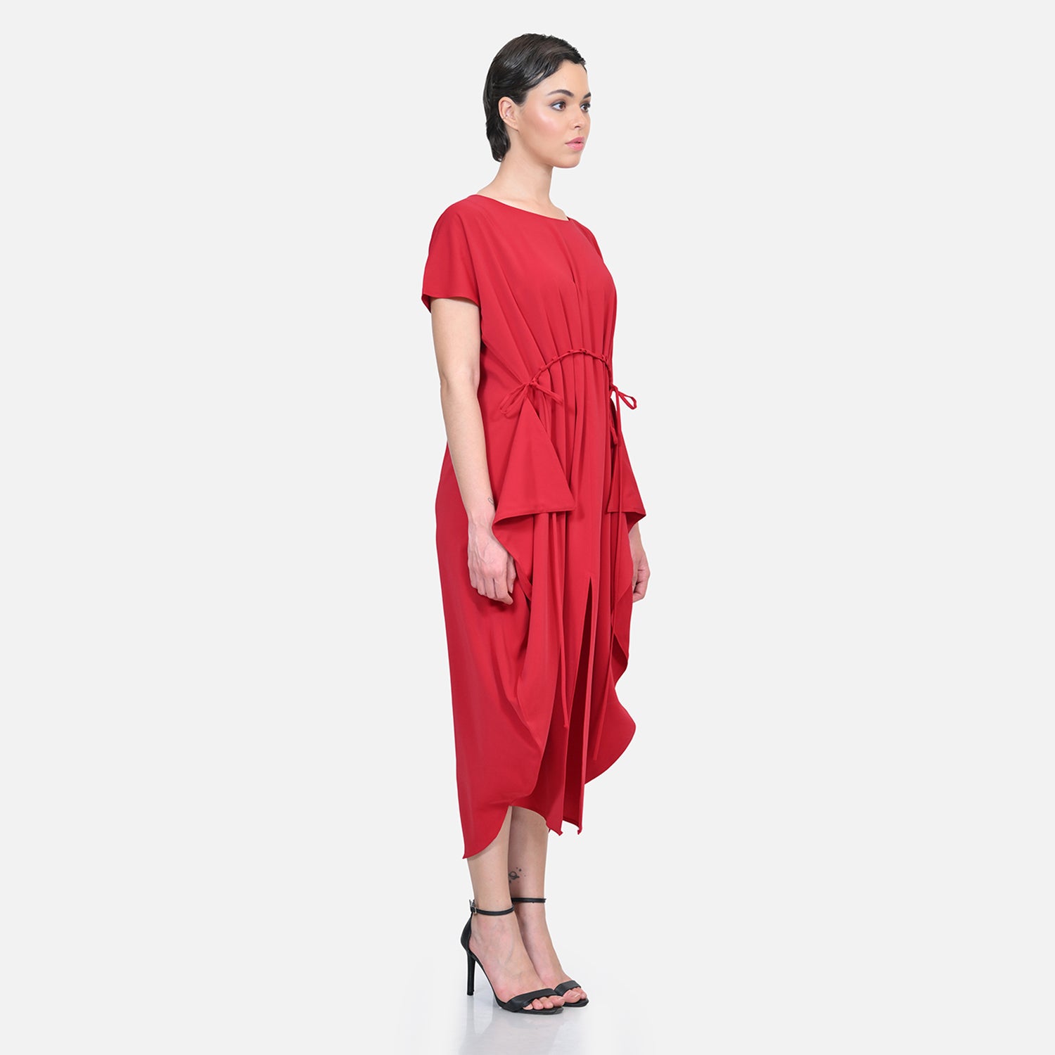 Red Crepe Front Draw String Dreses for Women-2