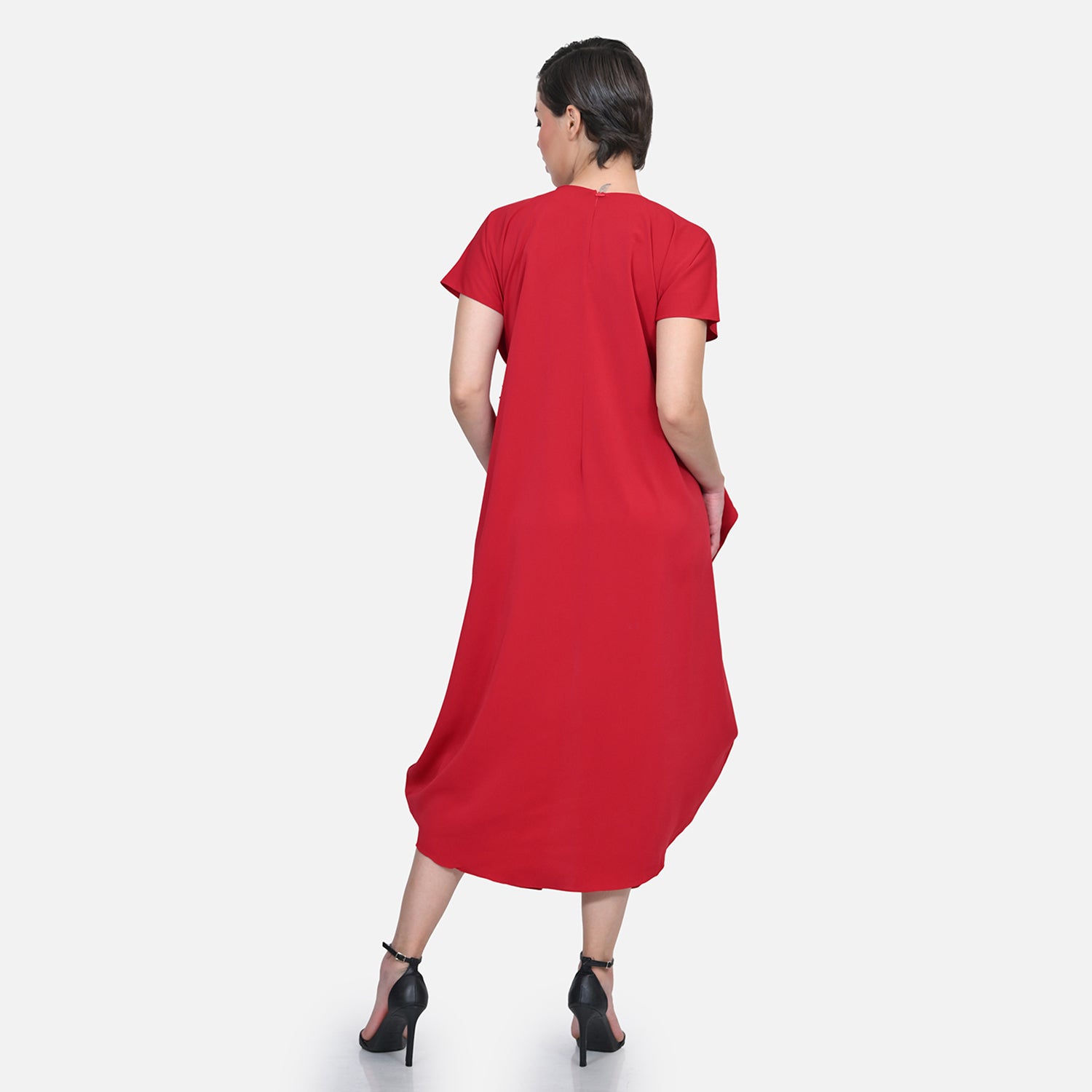 Red Crepe Front Draw String Dreses for Women-5