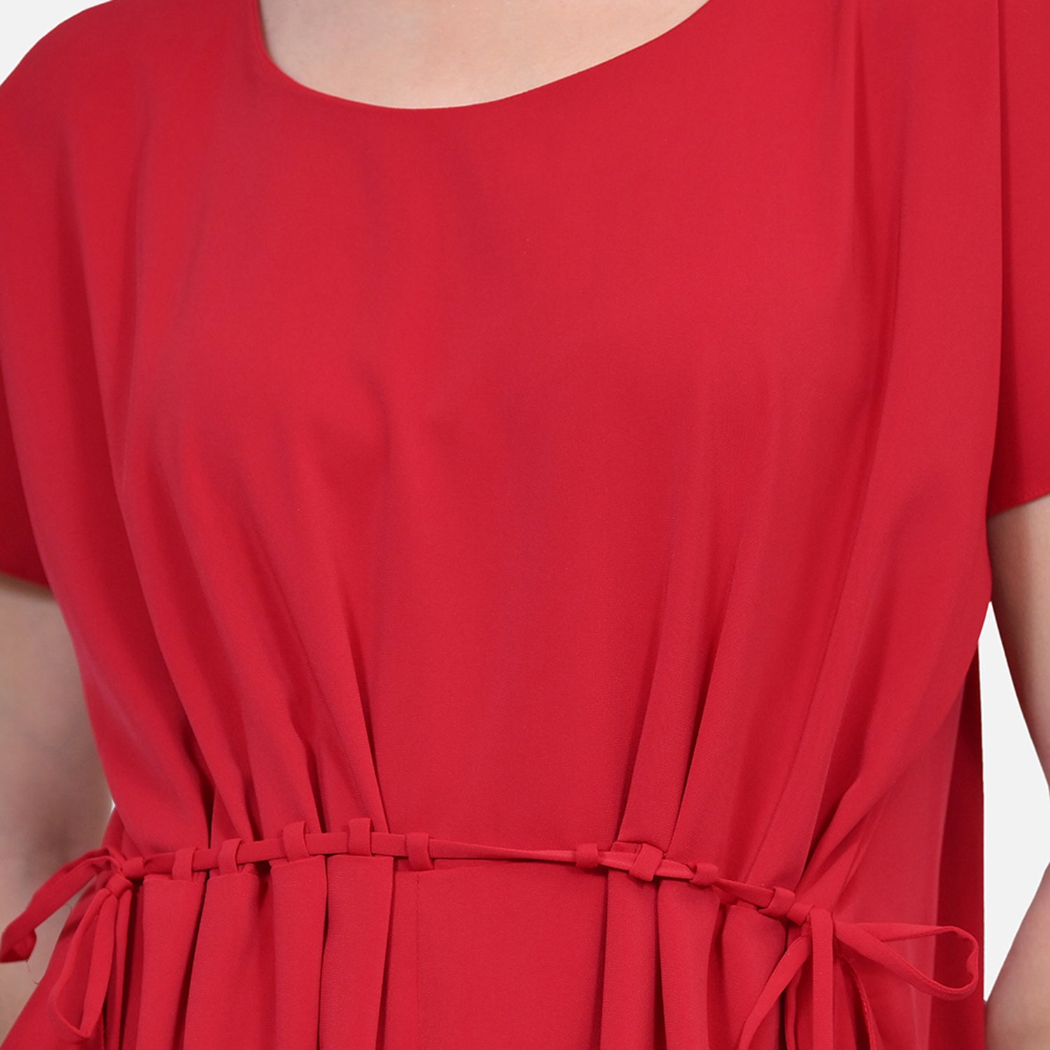 Red Crepe Front Draw String Dreses for Women-3