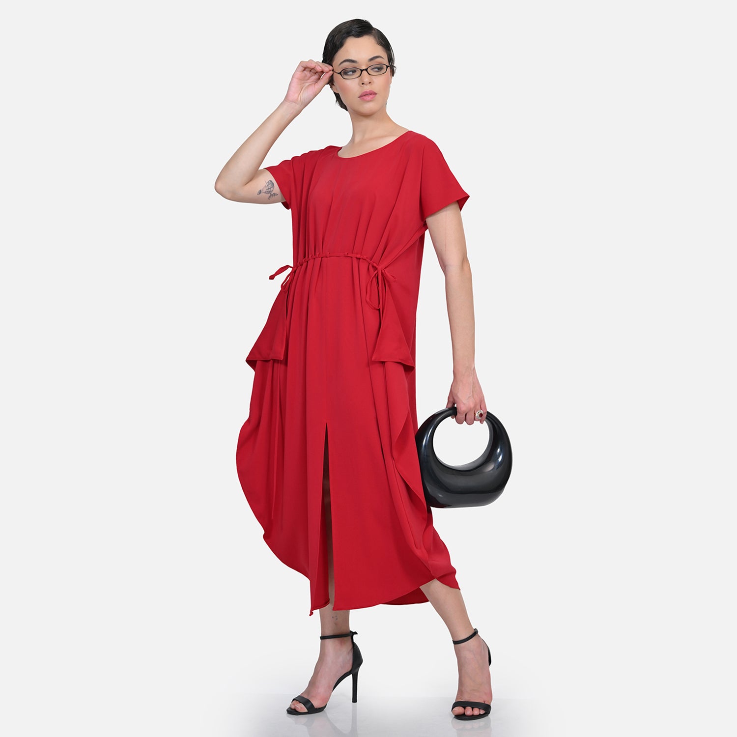 Red Crepe Front Draw String Dreses for Women-8
