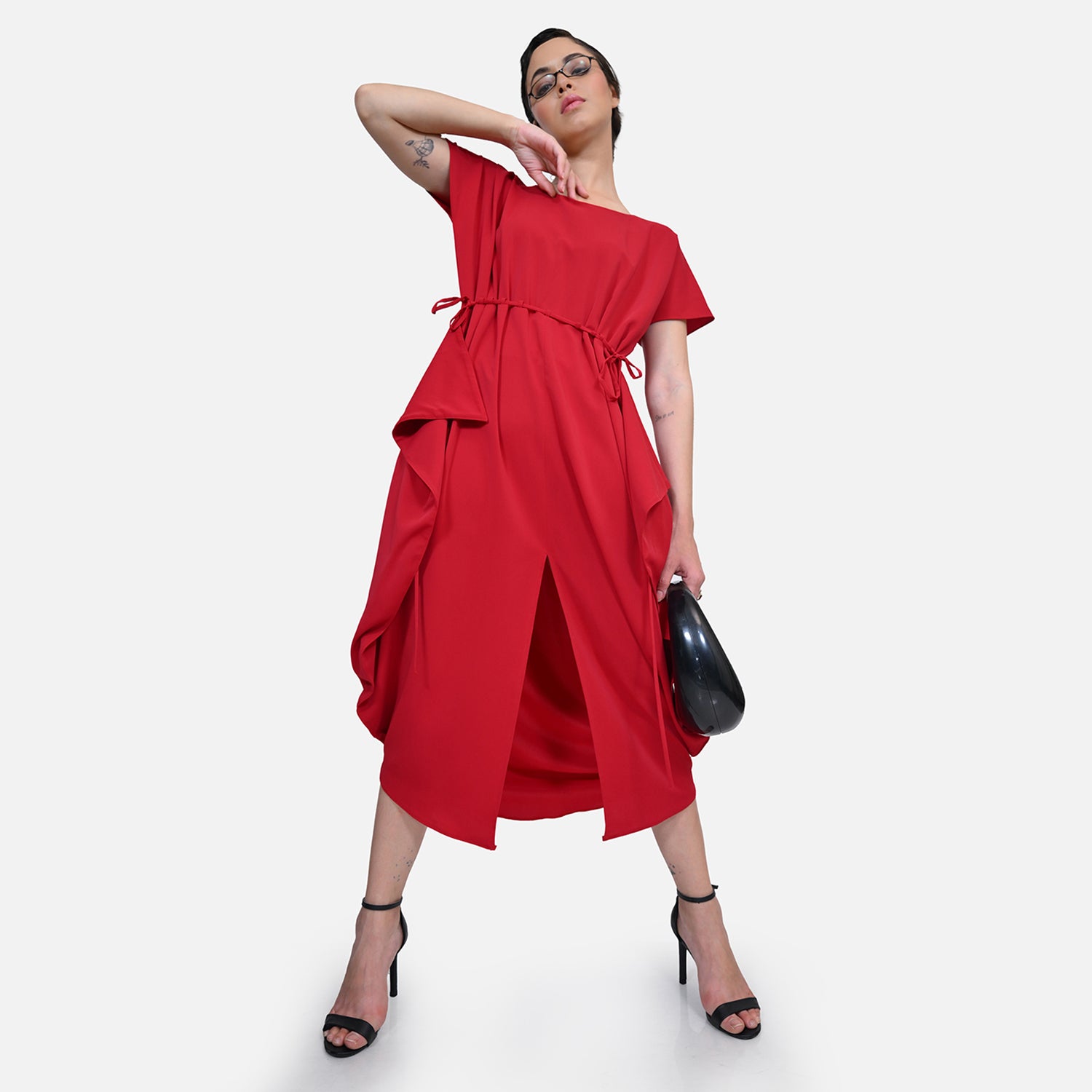 Red Crepe Front Draw String Dreses for Women-7