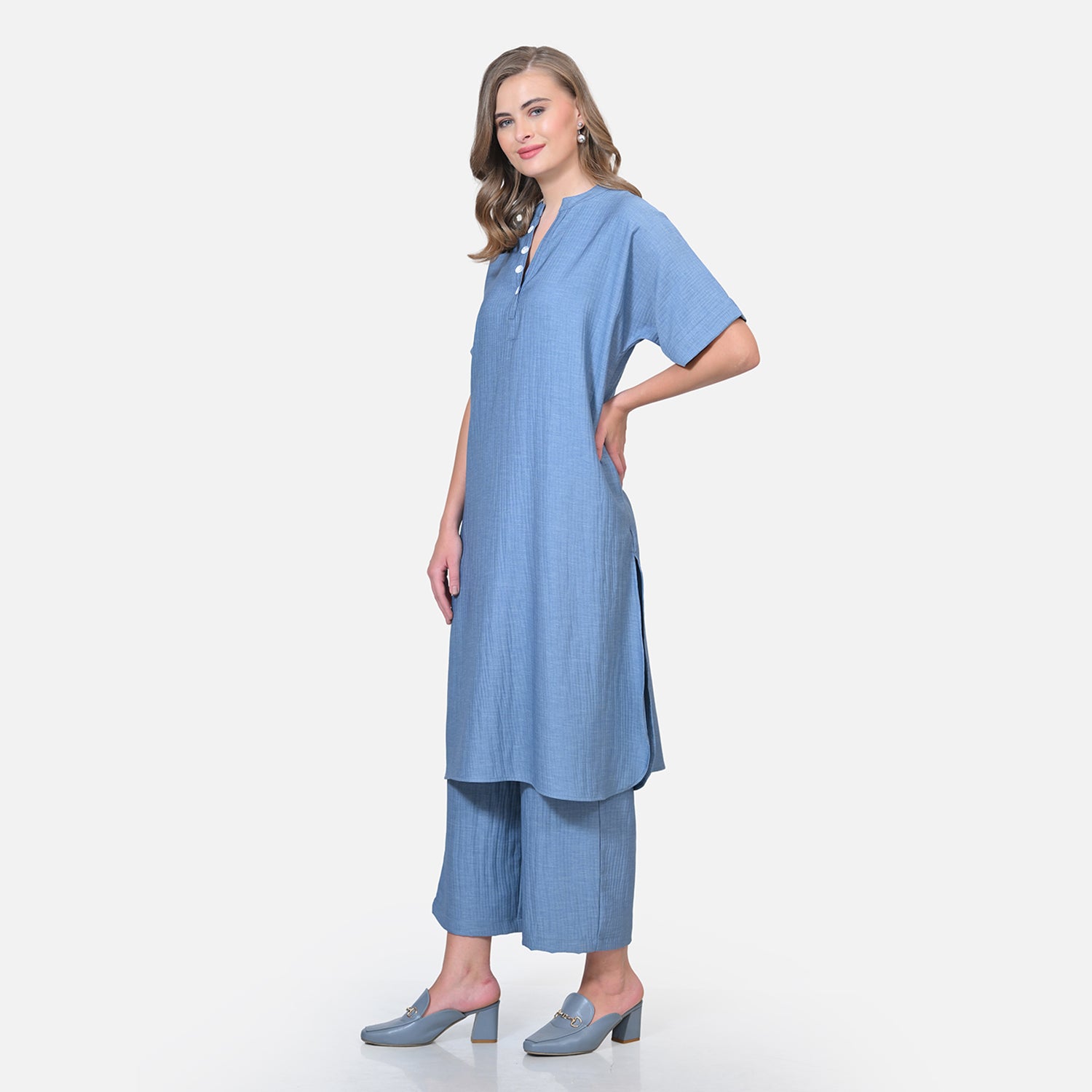 Blue Textured Line Kurta for Women-1