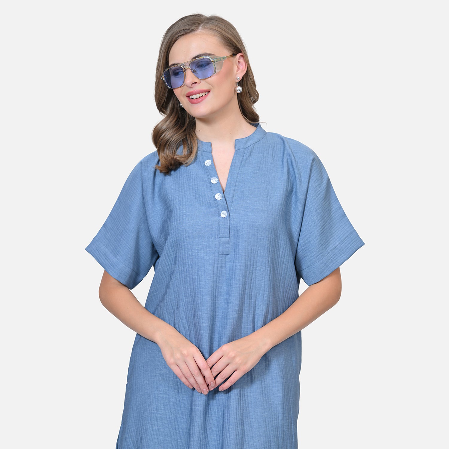 Blue Textured Line Kurta for Women-3