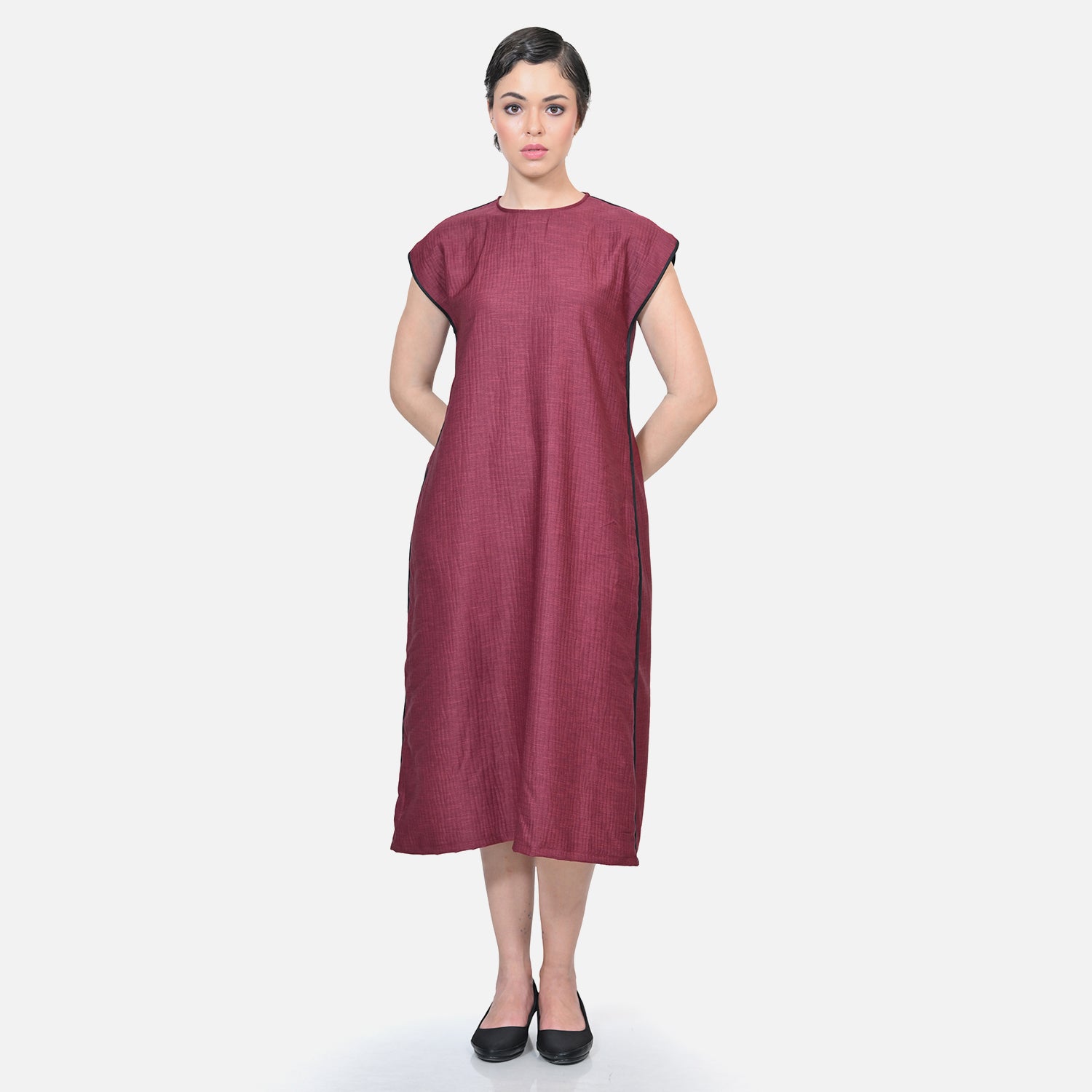 Wine Texture Line Dress With Piping At Shoulder