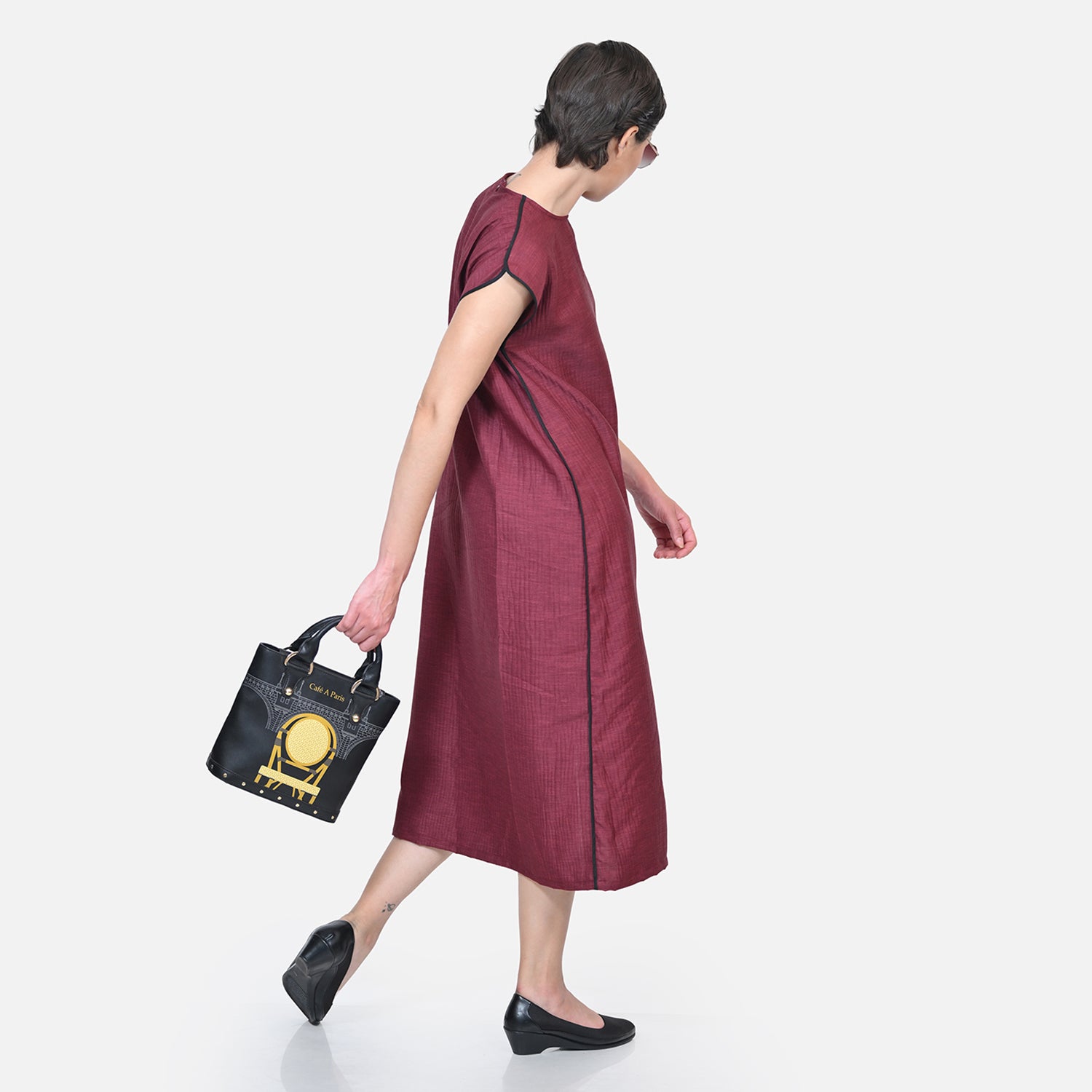 Wine Texture Line Dress With Piping At Shoulder