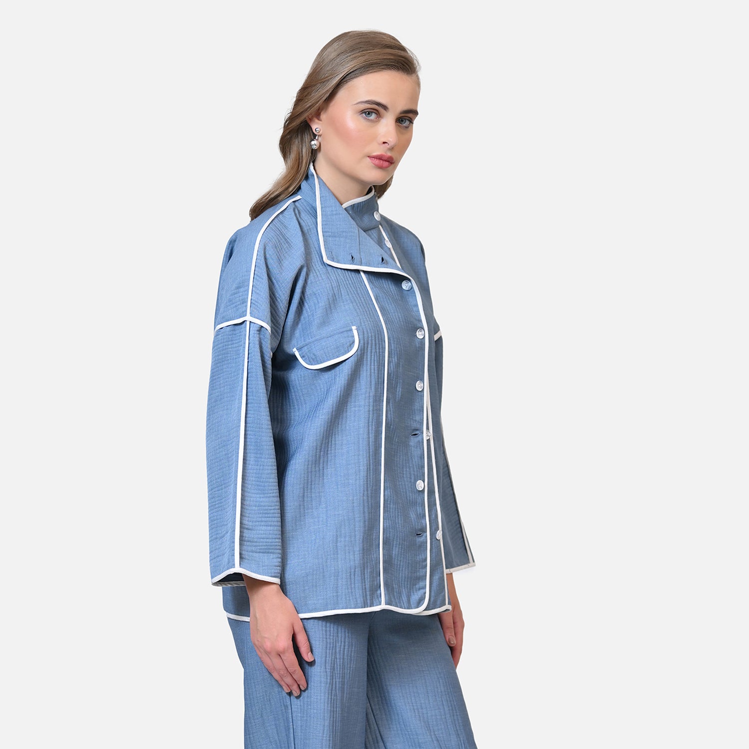 Blue Texture Line Jacket With White Piping