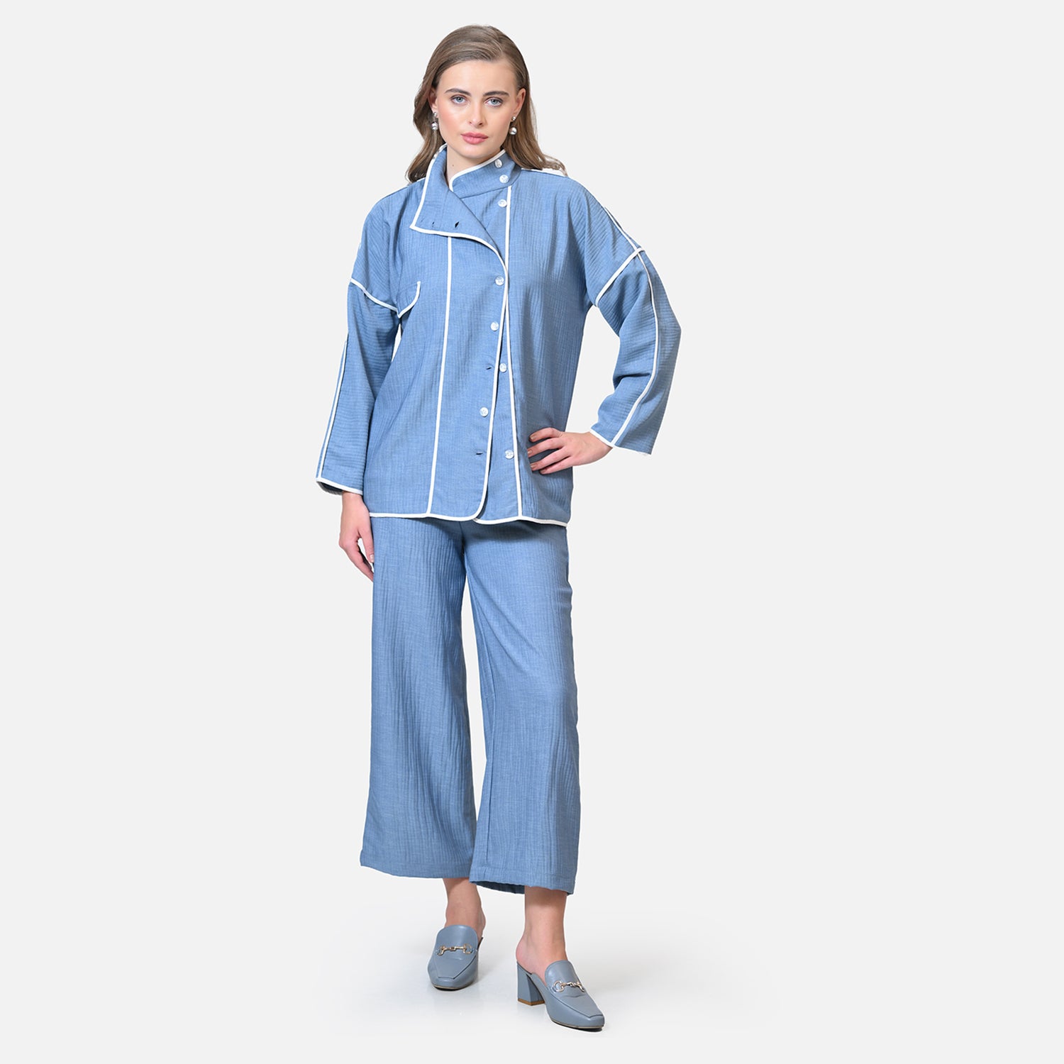 Blue Texture Line Jacket With White Piping