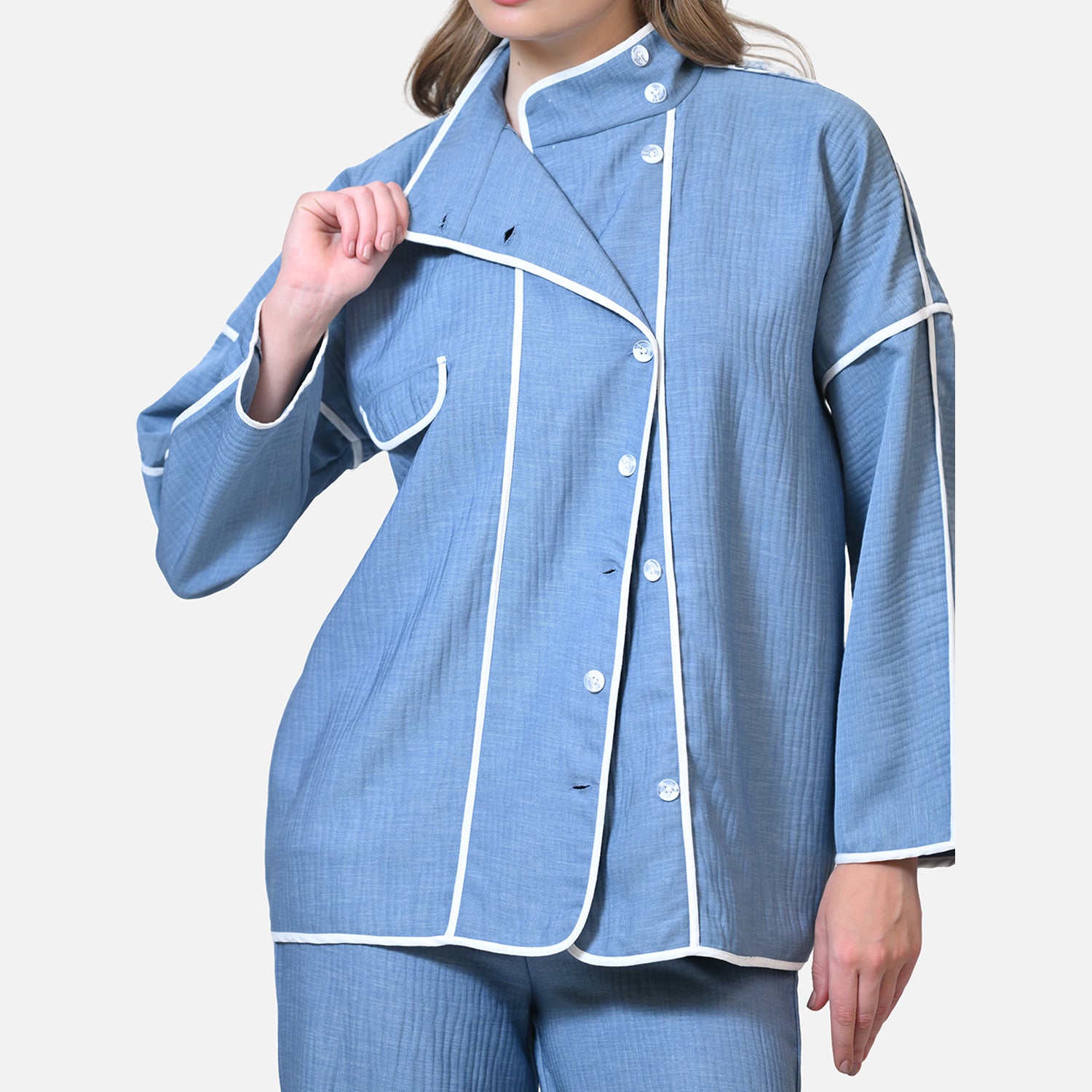 Blue Texture Line Jacket With White Piping