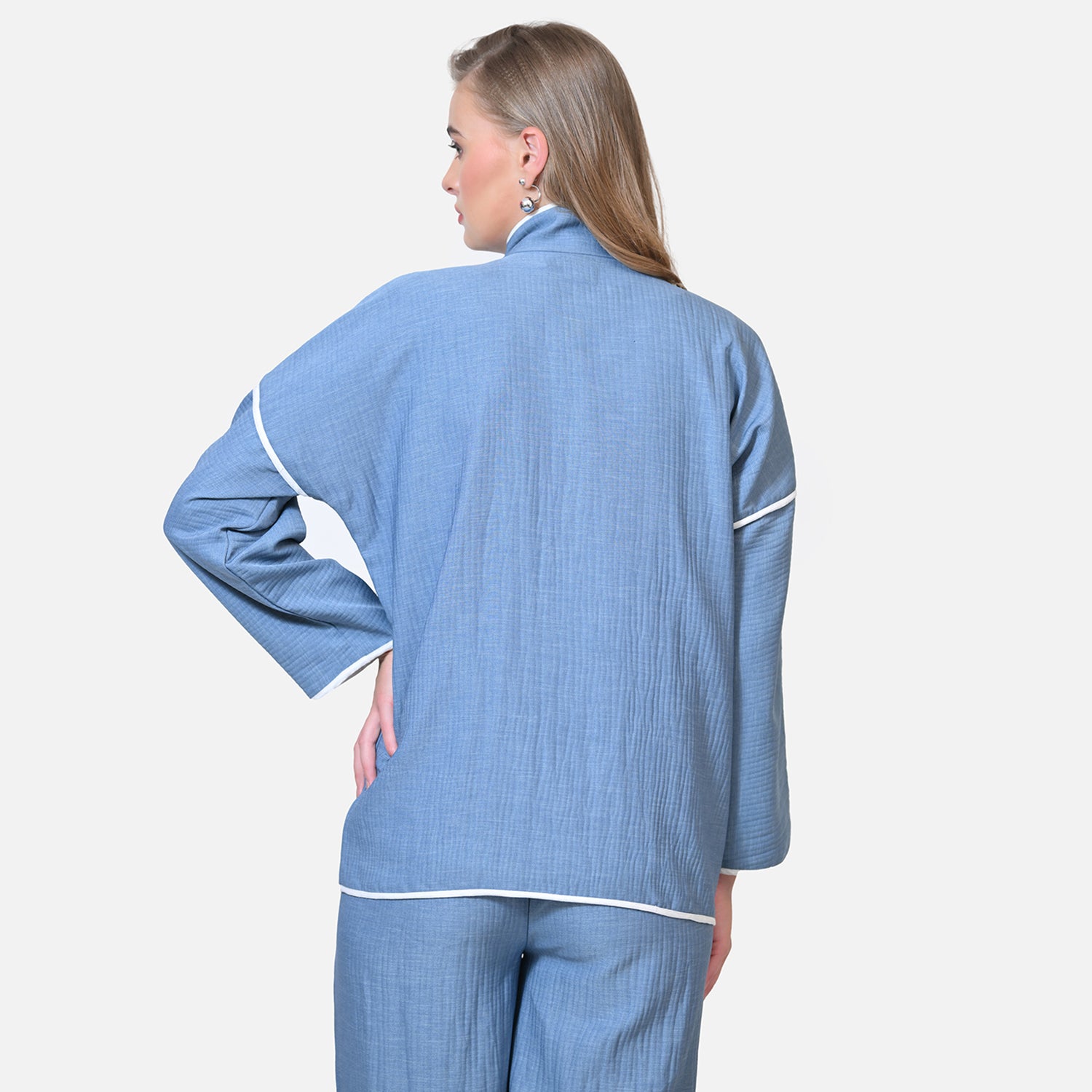 Blue Texture Line Jacket With White Piping