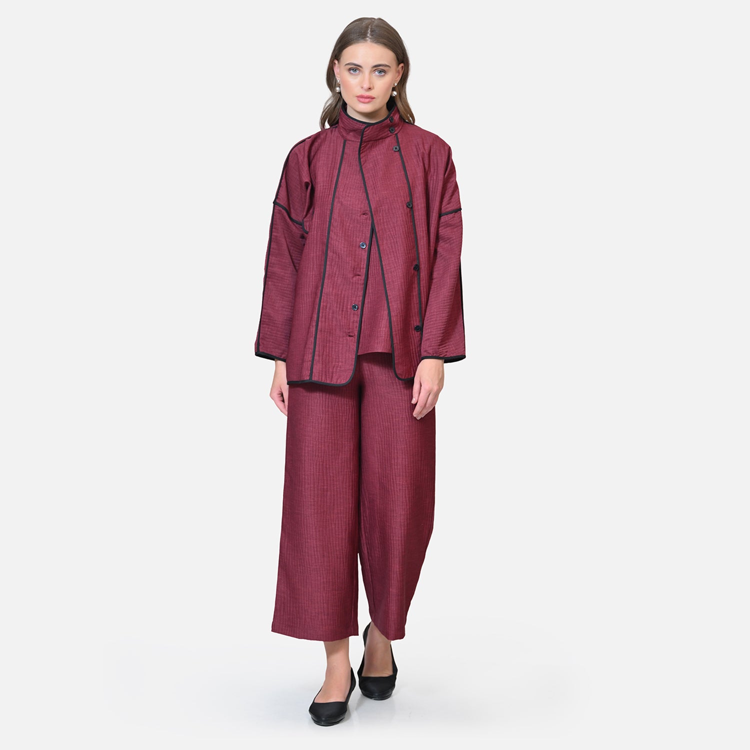Wine Texture Line Jacket With Black Piping
