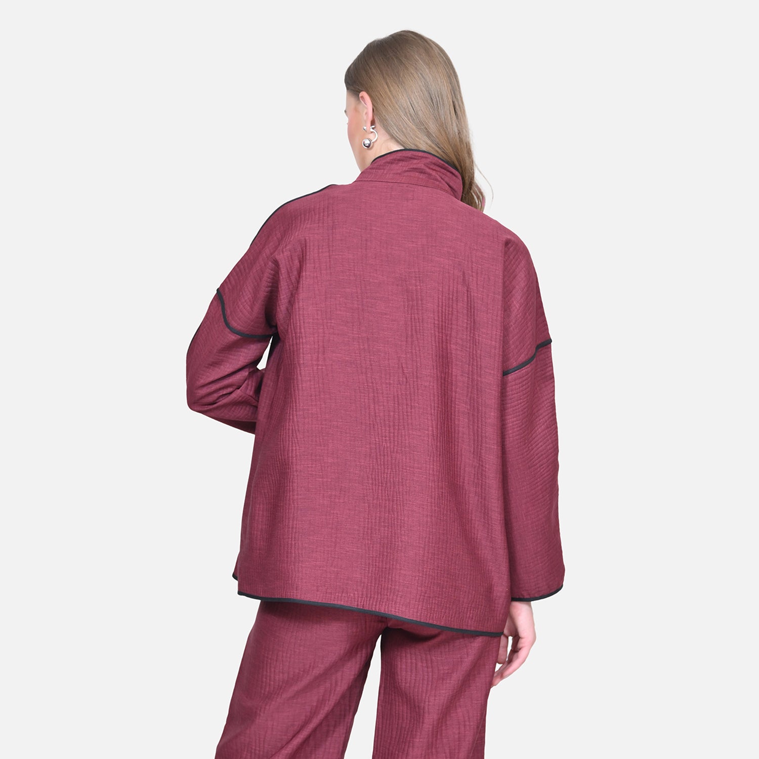 Wine Texture Line Jacket With Black Piping