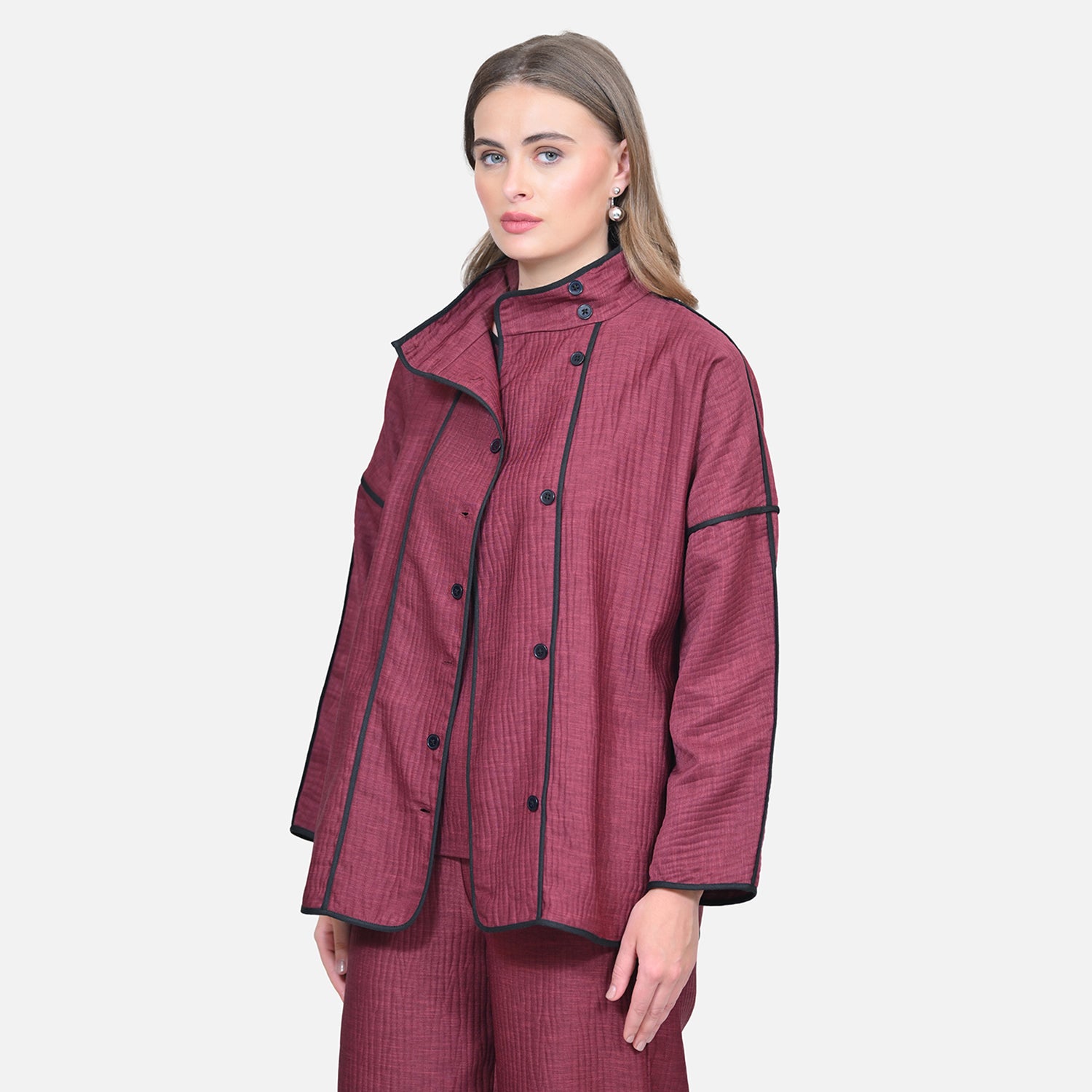Wine Texture Line Jacket With Black Piping