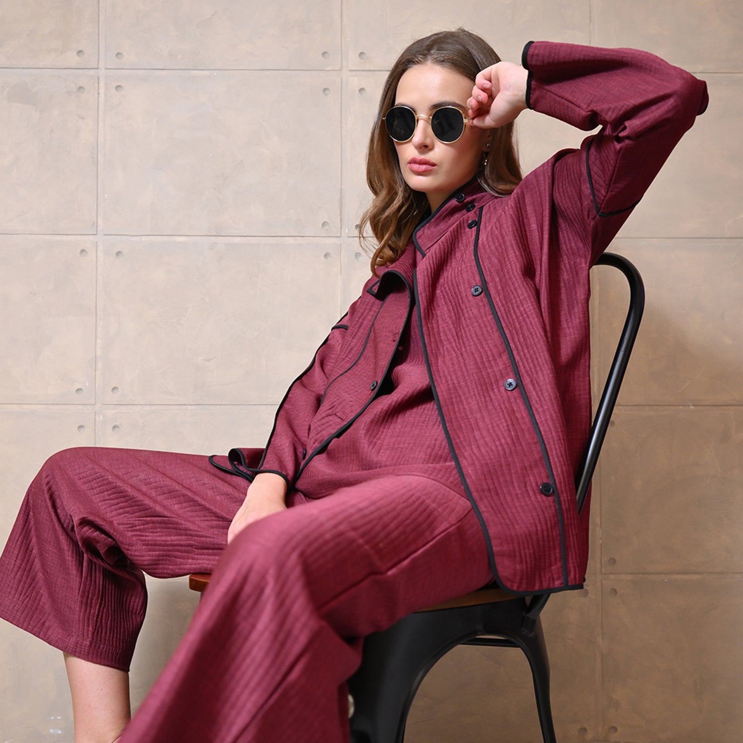 Wine Texture Line Jacket With Black Piping