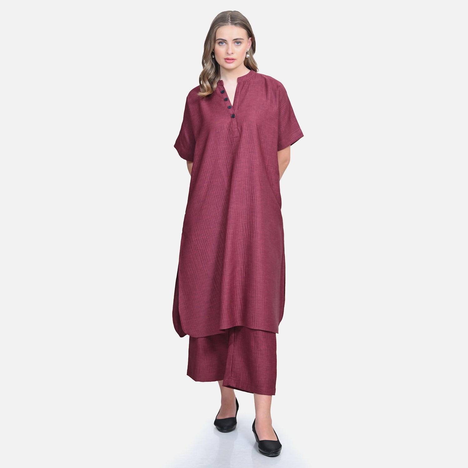 Wine Textured Line Kurta with Pocket