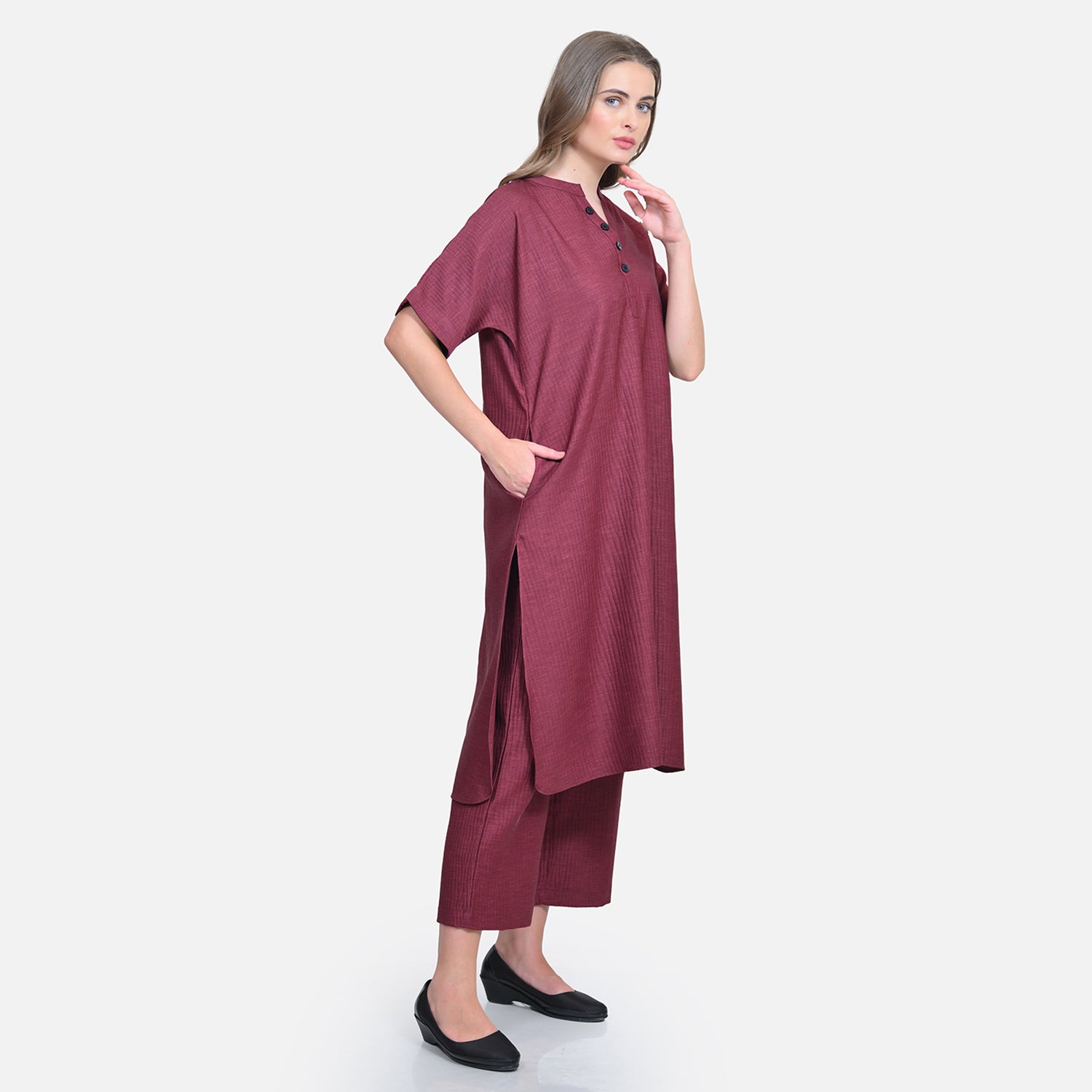 Wine Textured Line Kurta with Pocket-2