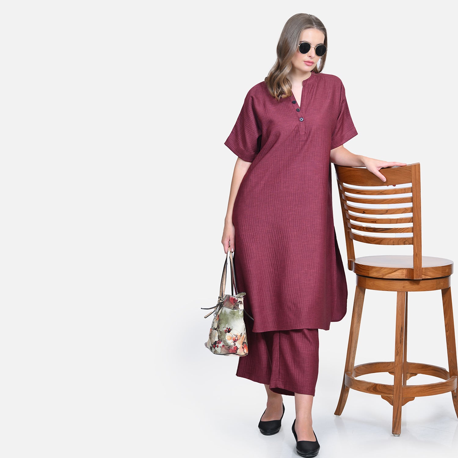 Wine Textured Line Kurta with Pocket-5