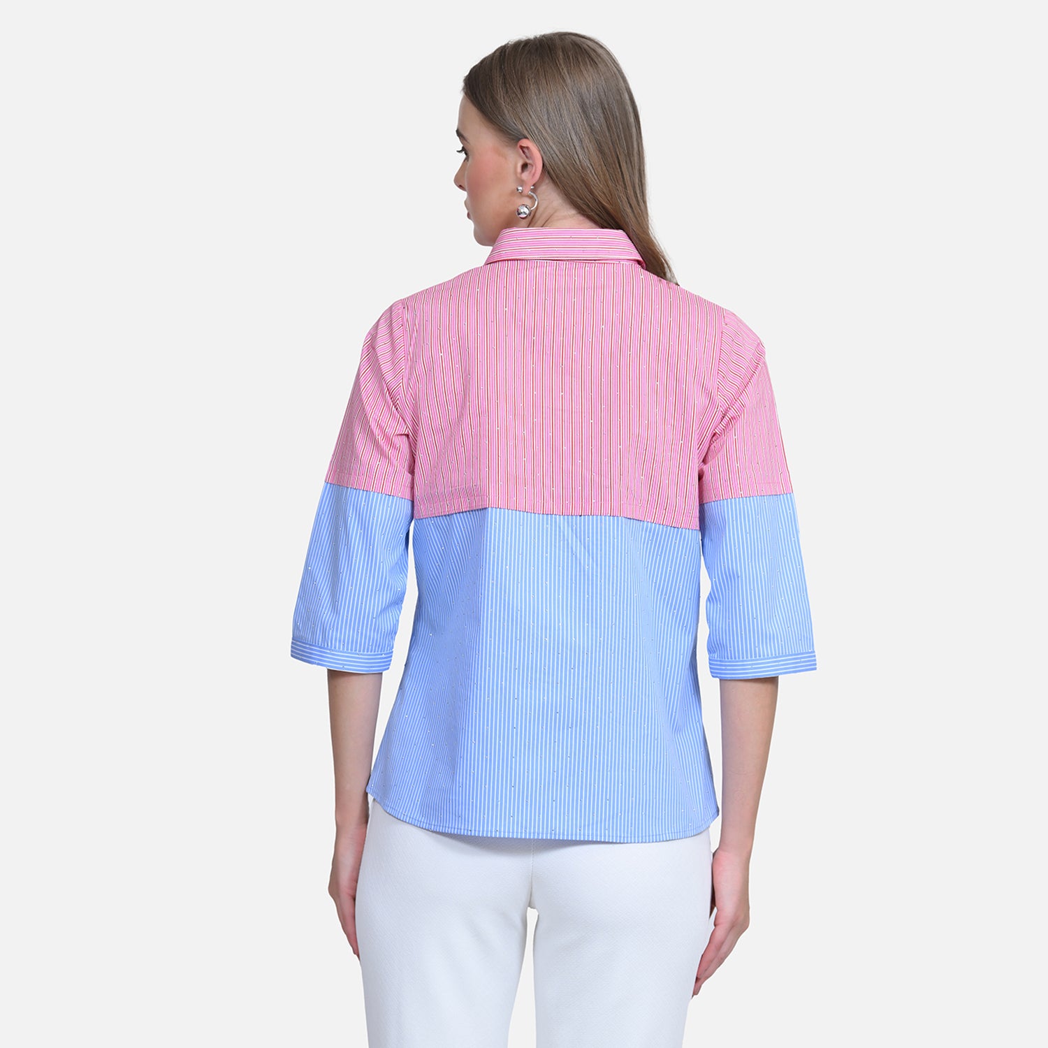 Half Pink Half Blue Shirt With Studs