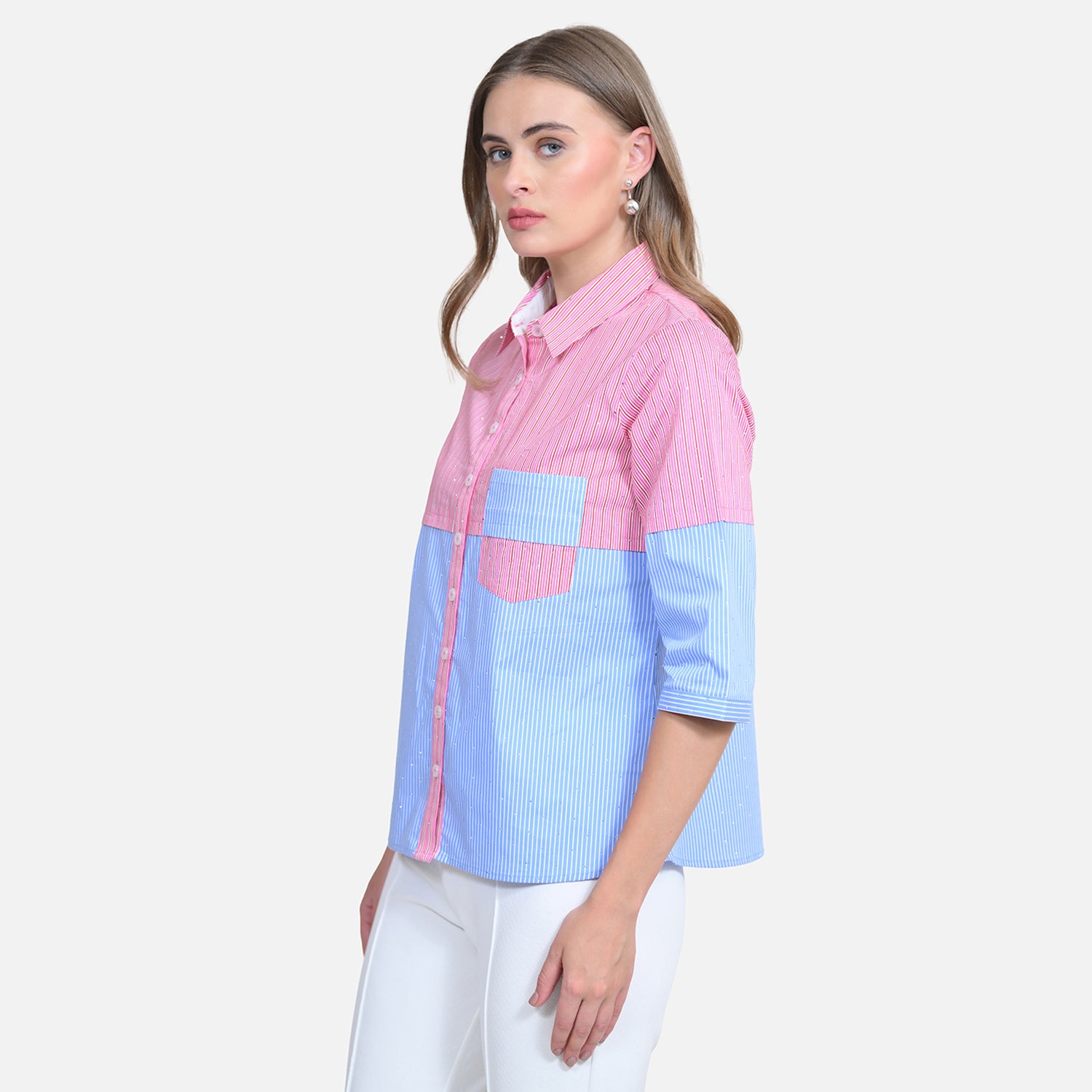 Half Pink Half Blue Shirt With Studs