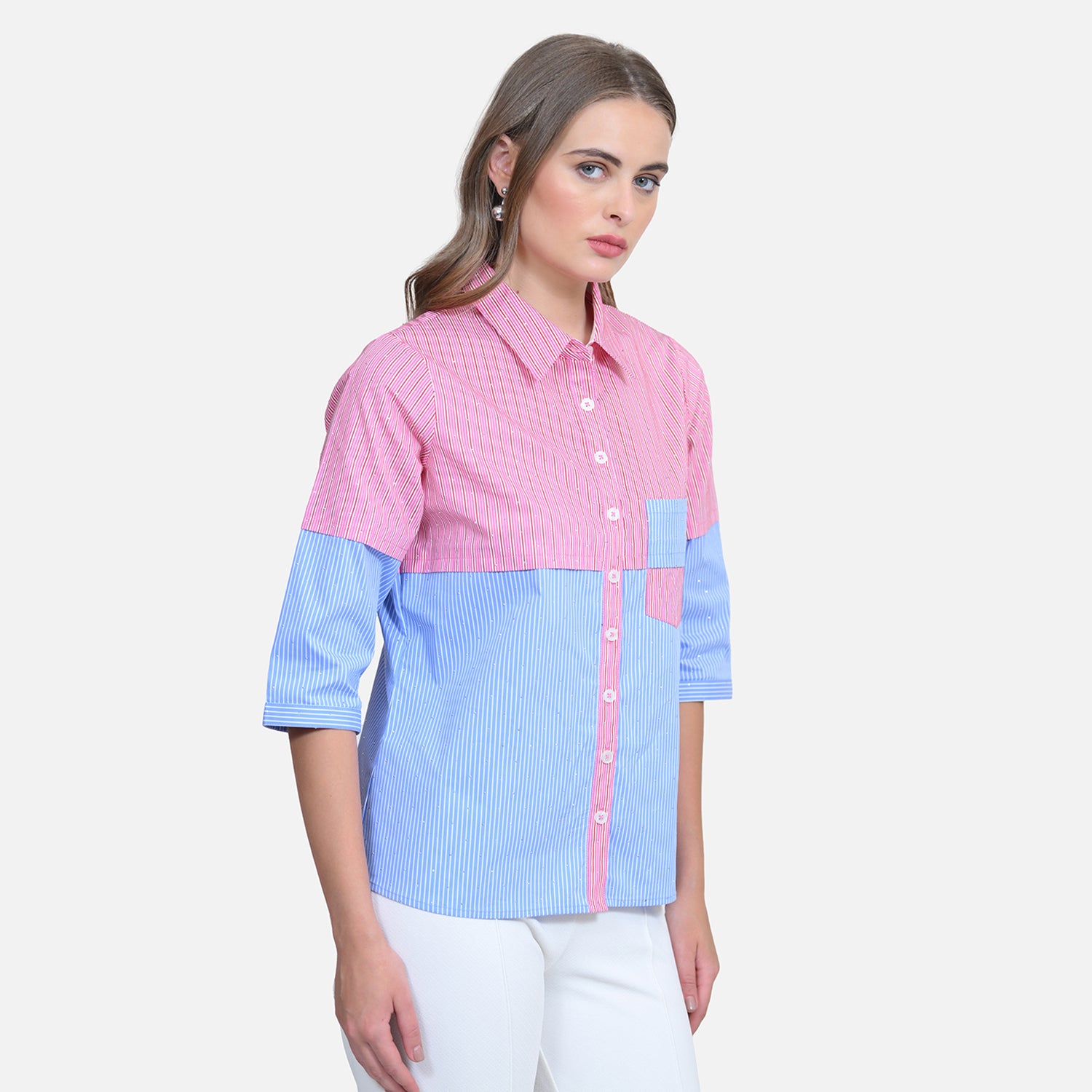 Half Pink Half Blue Shirt With Studs
