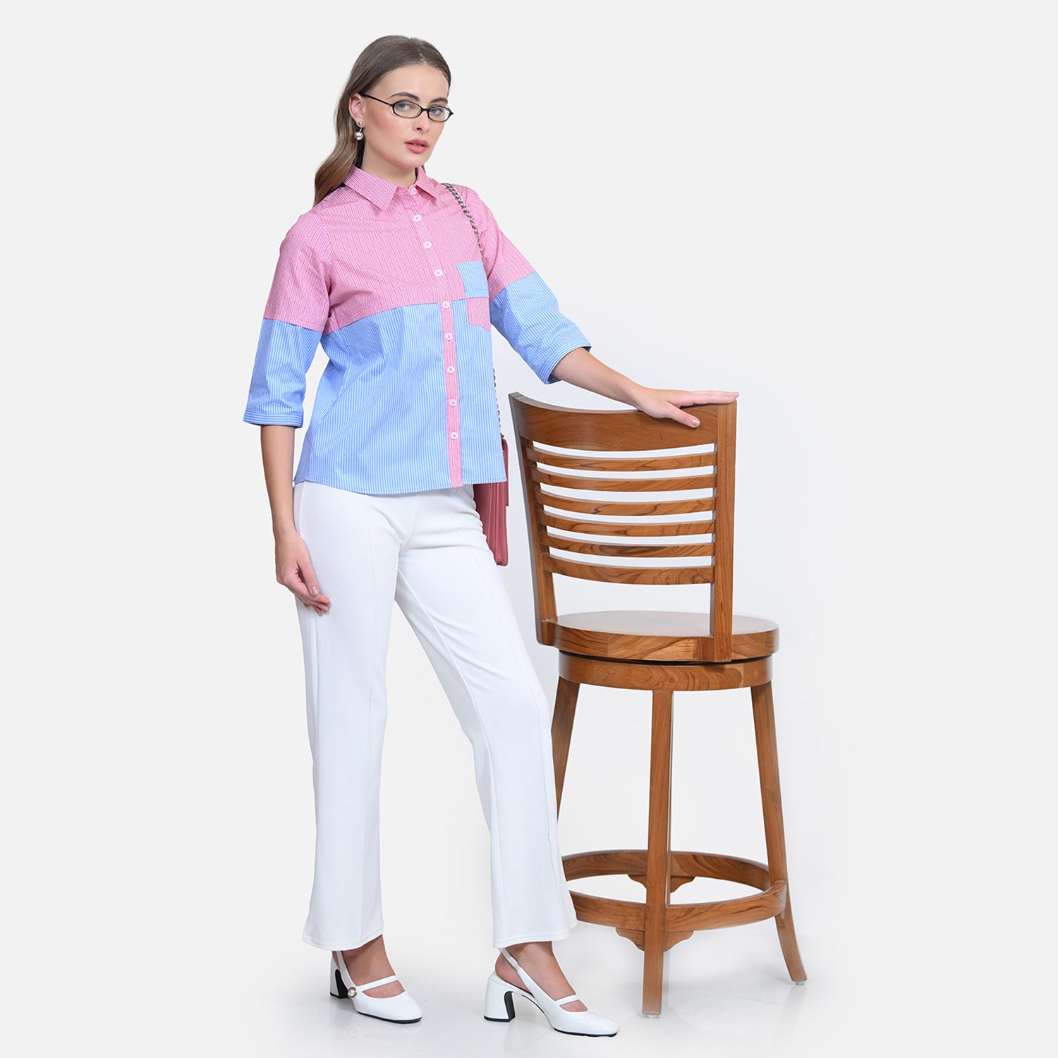 Half Pink Half Blue Shirt With Studs