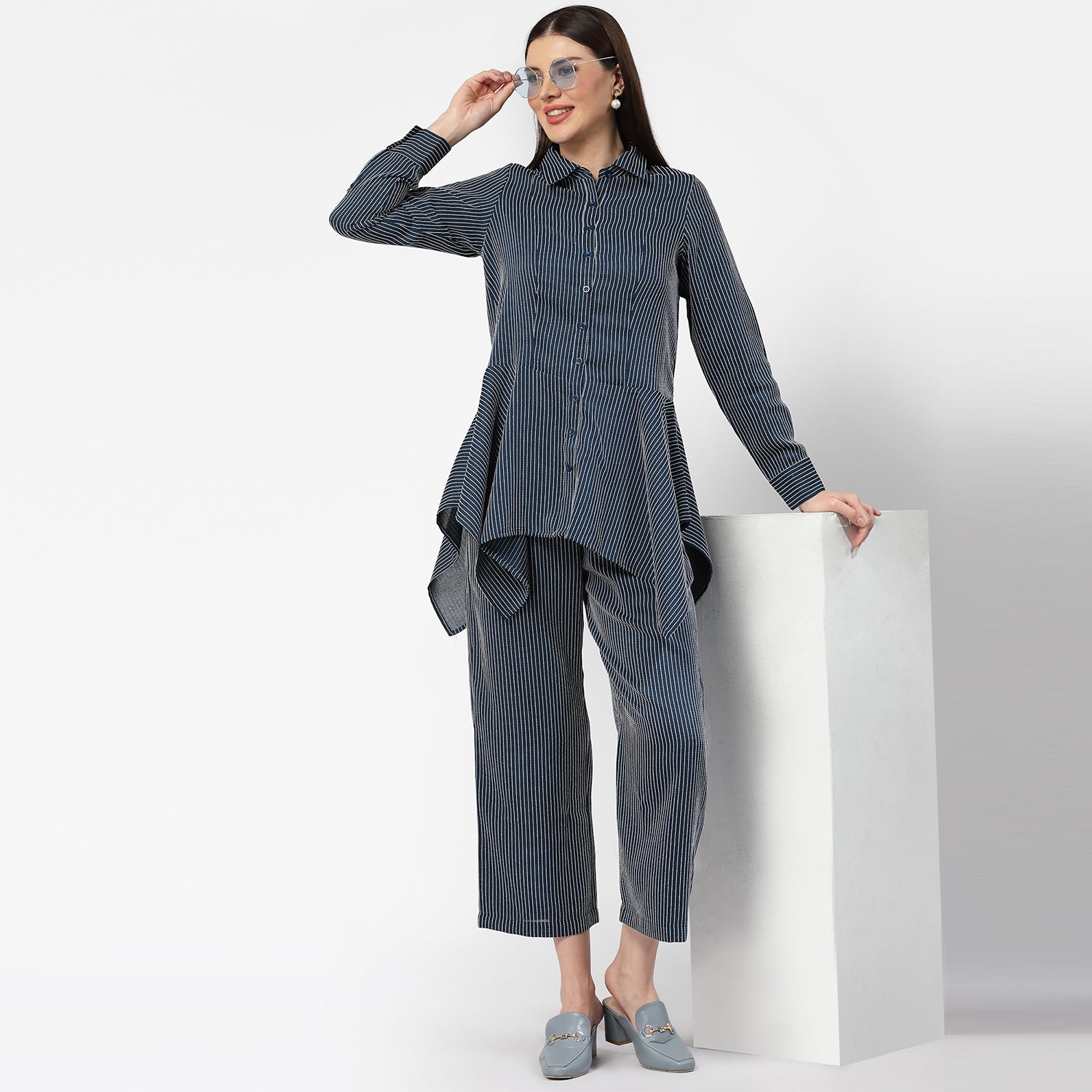 Dark Blue Asymmetrical Shirt With White Lines, Formal Tops for women